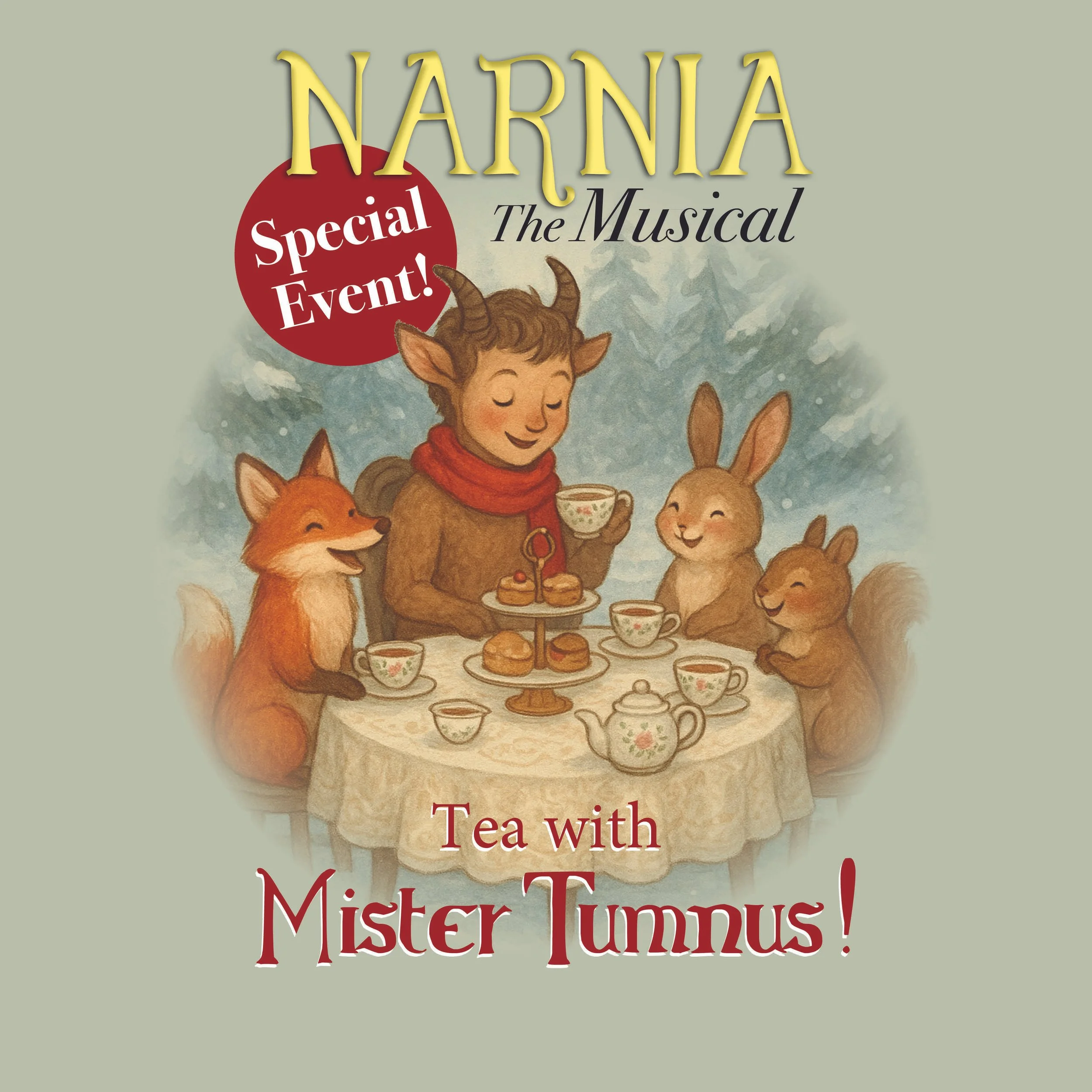 Illustration of a fantasy scene with a humanoid goat character sitting at a tea table with a fox, rabbit, squirrel, and another small animal in a winter forest setting, promoting a Narnia musical event.