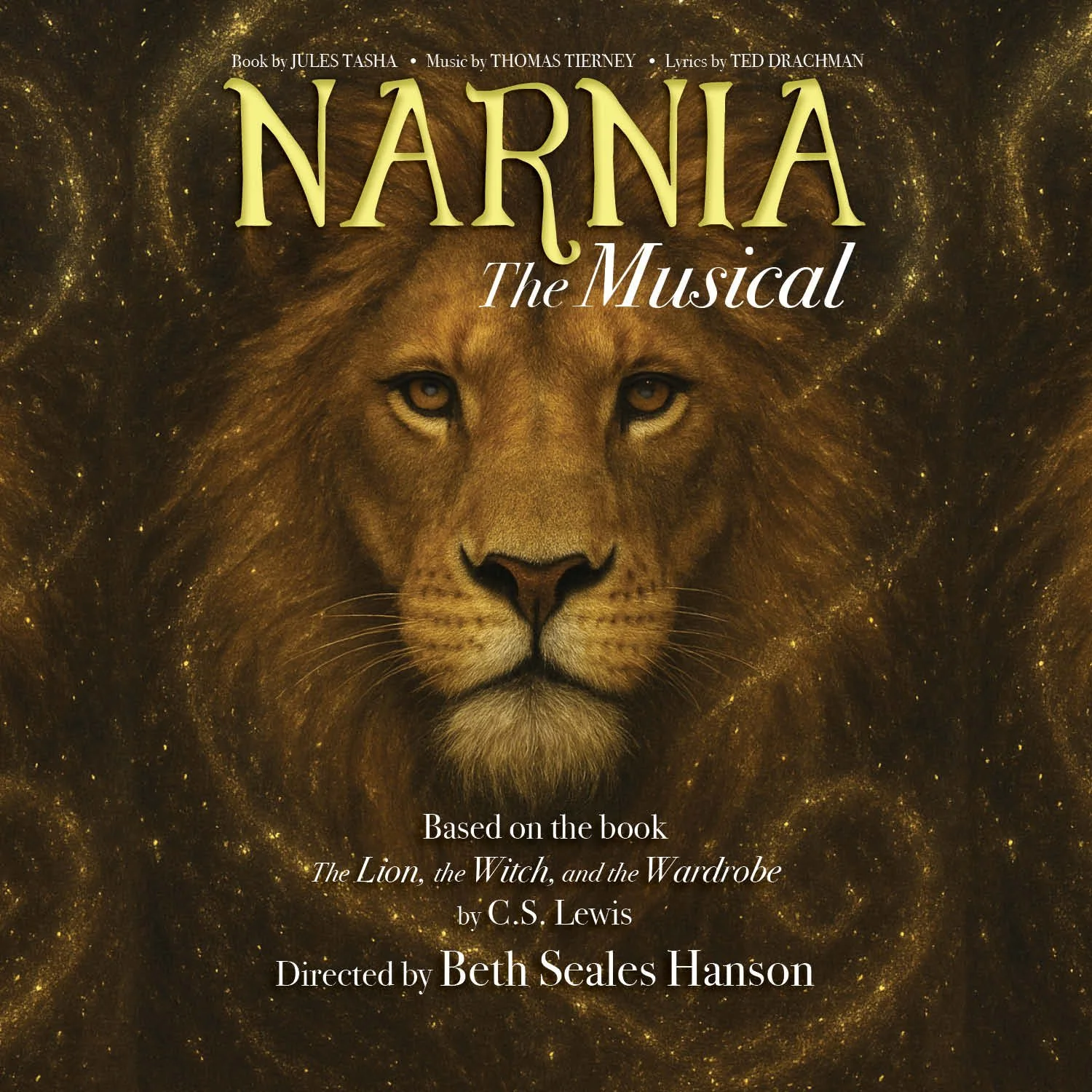 Poster for the musical Narnia featuring a lion's face with a golden, glowing background.