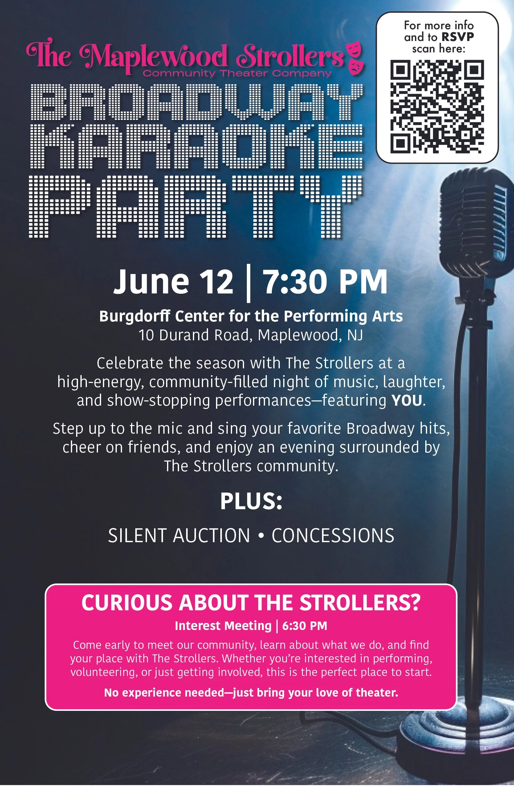 Poster for The Maplewood Strollers Community Theater Company event titled 'Broadway Karaoke Party'. The event is on June 12 at 7:30 PM at Burgdorff Center in Maplewood, NJ. The poster features a microphone and a QR code for RSVP, along with details about the event and additional activities like silent auction and concessions. It also invites the community to an interest meeting at 6:30 PM.
