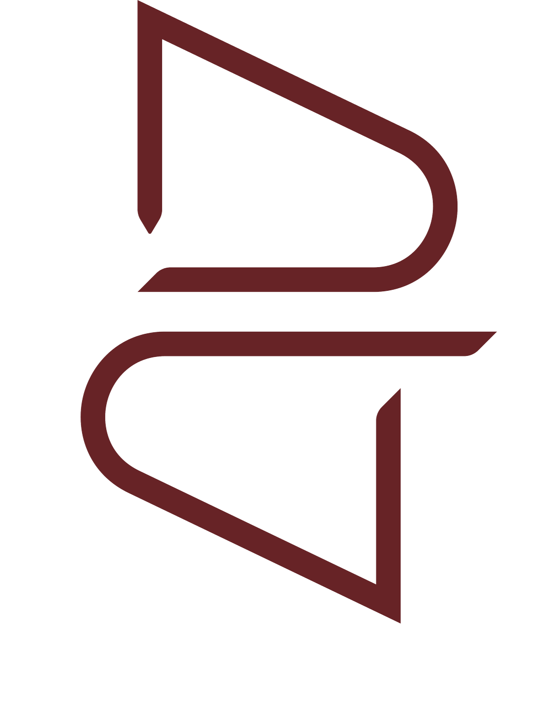 Stylized icon of a the dart and dagger logo in dark red color.