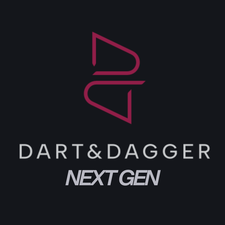 A dark background with a stylized logo consisting of two overlapping magenta triangles and the text 'DART & DAGGER' in white capital letters below, along with the words 'NEXT GEN' in gray and italicized.