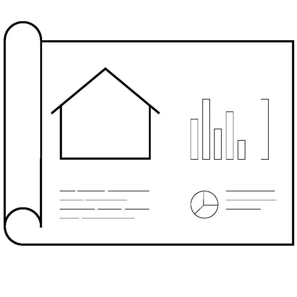 Skizze eines Berichts oder Plans mit einem Haus, Diagrammen und Textzeilen.