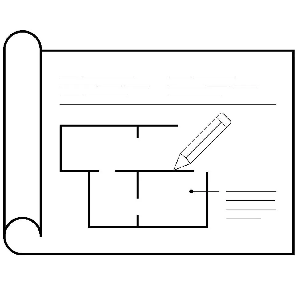 Zeichnung eines Bauplans mit einem Bleistift, der auf einem Grundriss zeichnet.