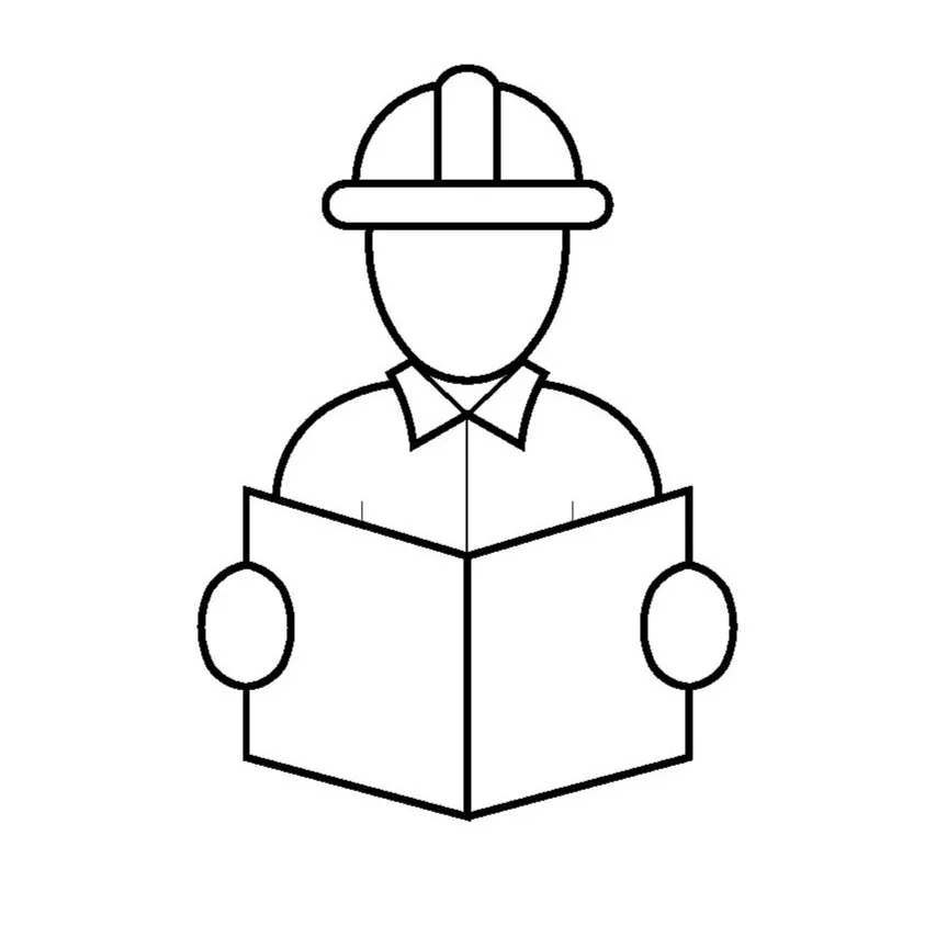 Linienzeichnung eines Mannes mit Schutzhelm, der eine Karte hält.
