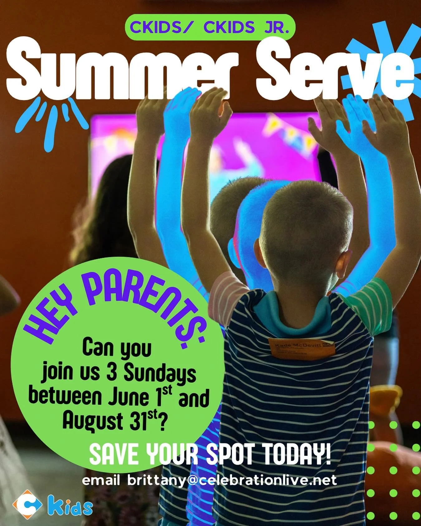 Summer Serve: we would love to give every parent the opportunity to have a behind the scenes look at our kids environments and give our regulars space for summer vacations. We are asking each parent to prayerfully consider signing up to serve 3 Sunda