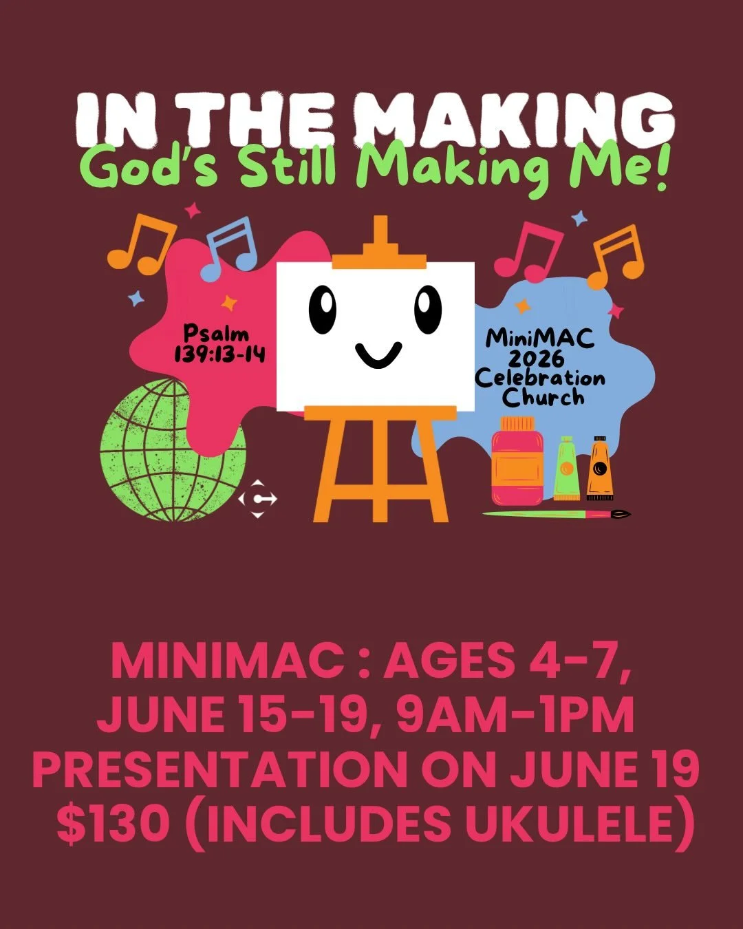 Imagine your child growing in confidence and gaining friends while learning about Jesus, music and art- all in the most encouraging atmosphere of the summer! At miniMAC, they will experience rhythm and dance, singing and ukulele, graphic art and more