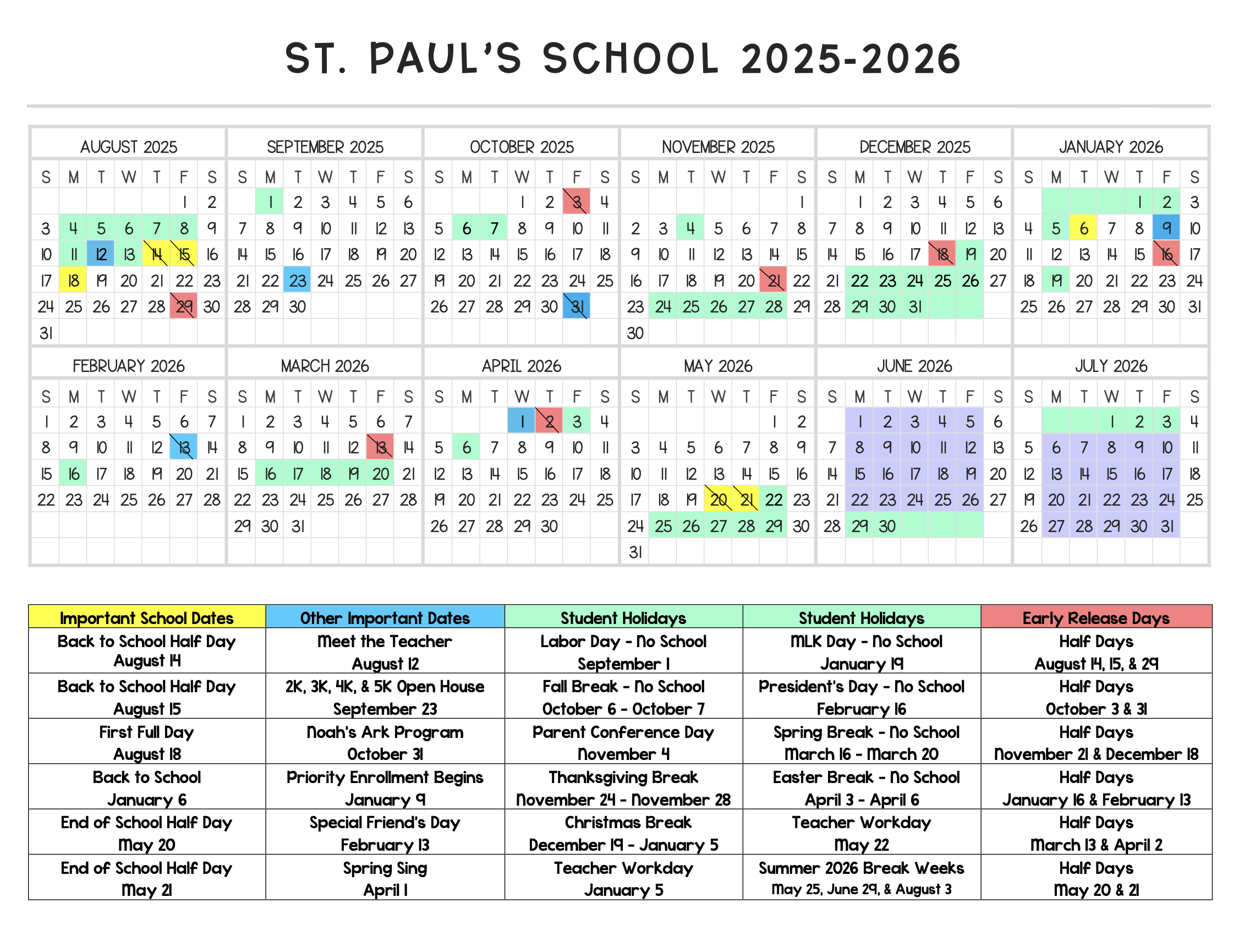 School Calendar for St. Paul's Preschool 25-26