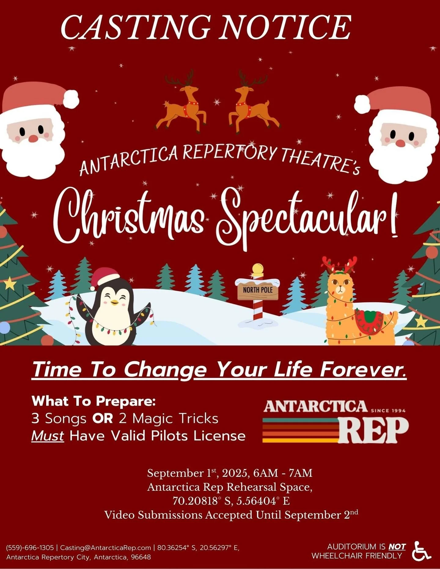 We want YOU 🫵 to be in our 2025 Christmas Spectacular! Auditions will be held on September 1st from 6am-7am at the Antarctica Rep Rehearsal Space. Directions can be found on our brand new website, linked in our bio!❄️🧊

Video Submissions also accep