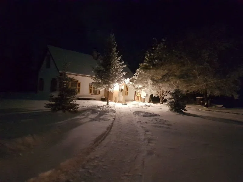A snow-covered trail winds through quiet evergreens toward a warmly illuminated cabin, offering a striking contrast between the cold night and the cozy refuge ahead. This peaceful winter setting is part of the Herdsman House artist retreat, where gue