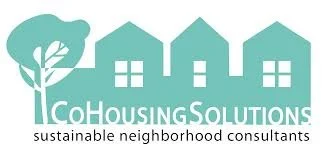 Logo for CoHousing Solutions featuring three house icons, a tree, and the text 'CoHousing Solutions sustainable neighborhood consultants'.
