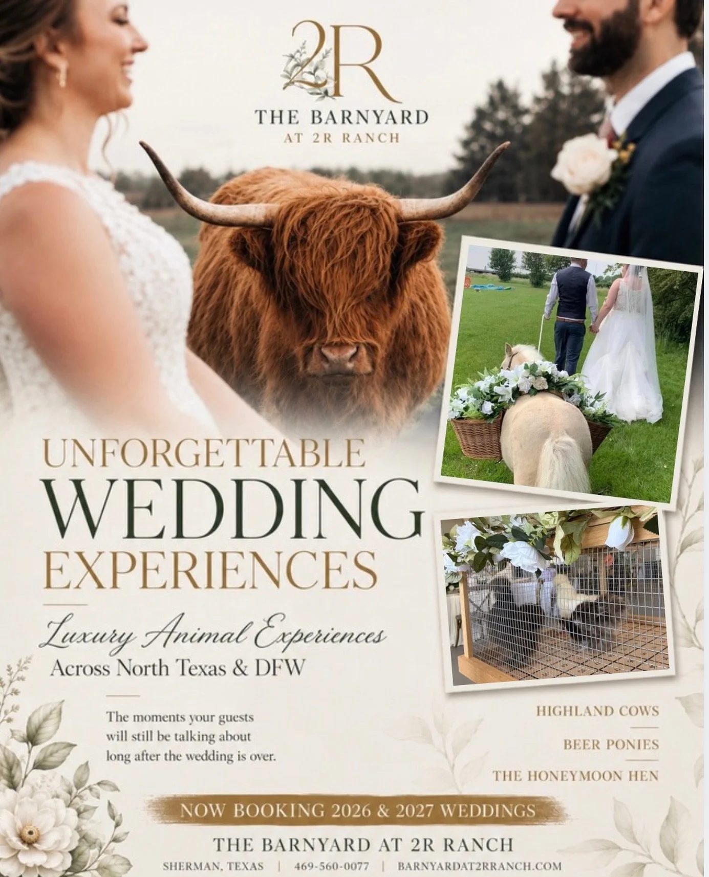 💍🐮 UNFORGETTABLE WEDDING EXPERIENCES 🐴🐔

Looking for something your guests have never seen before?

The Barnyard at 2R Ranch brings luxury animal experiences to weddings across North Texas &amp; DFW.

✨ Highland Cow Experiences
✨ Beer Ponies for 