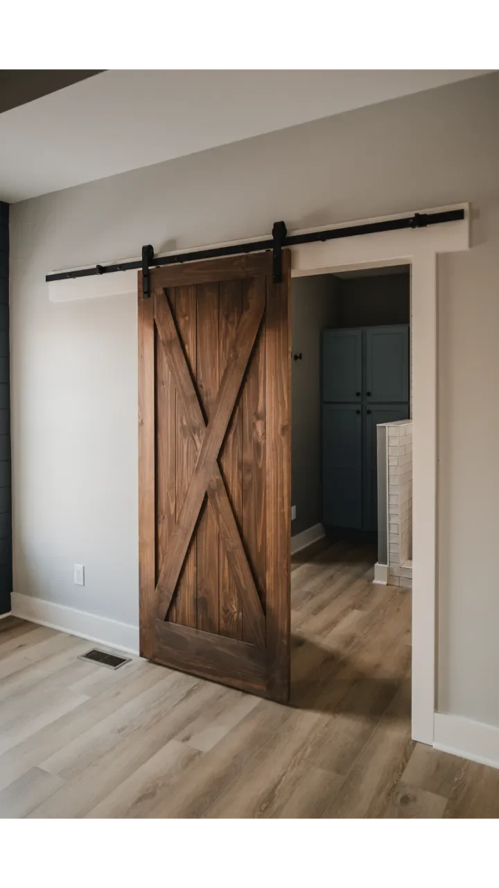Wooden barn-style sliding door partially open, revealing a room with blue cabinets and a small area with white brick-style tiles.