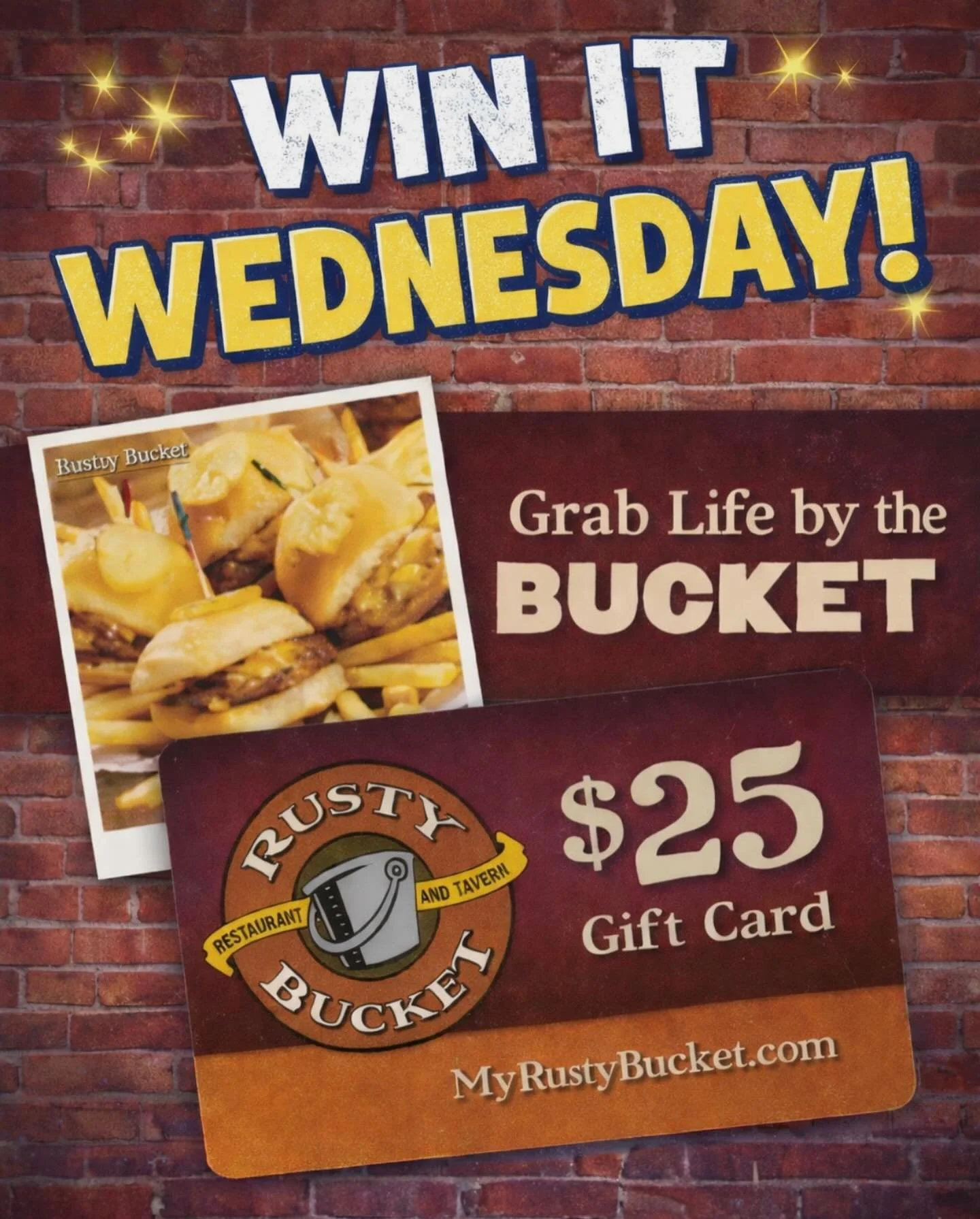 🍔✨ WIN IT WEDNESDAY TIME! ✨🍟 Rusty Bucket Restaurant &amp; Tavern &mdash; just 5 minutes from our community &mdash; We&rsquo;re giving away $25 gift cards!

Here&rsquo;s how to enter:
1️⃣ Like this post
2️⃣ Comment your favorite thing from their me
