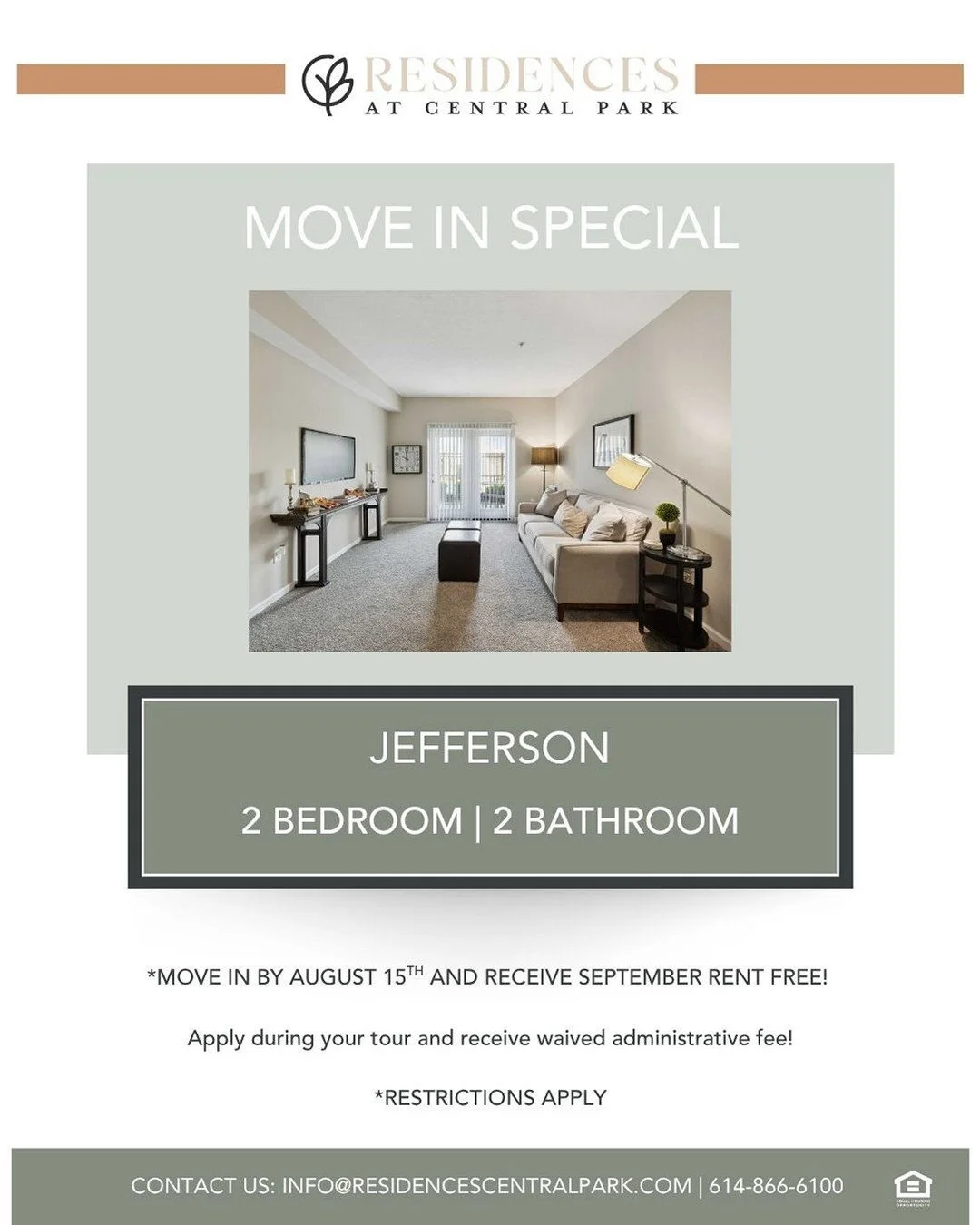 AUGUST MOVE IN SPECIAL! Move in by August 15th and receive September rent FREE! AND apply during your tour to receive a waived administrative fee!
