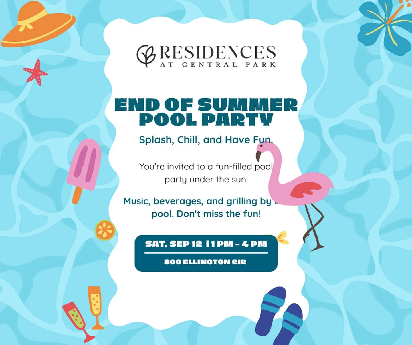 🌞 Say goodbye to summer with us!Join the Residences at Central Park Pool Party on September 12th from 1 PM to 4 PM at our community pool.
🎵 Music | 🍔 Food | 🥤 Drinks | 🏊 Fun

Let's celebrate the season together before the pool closes for the yea