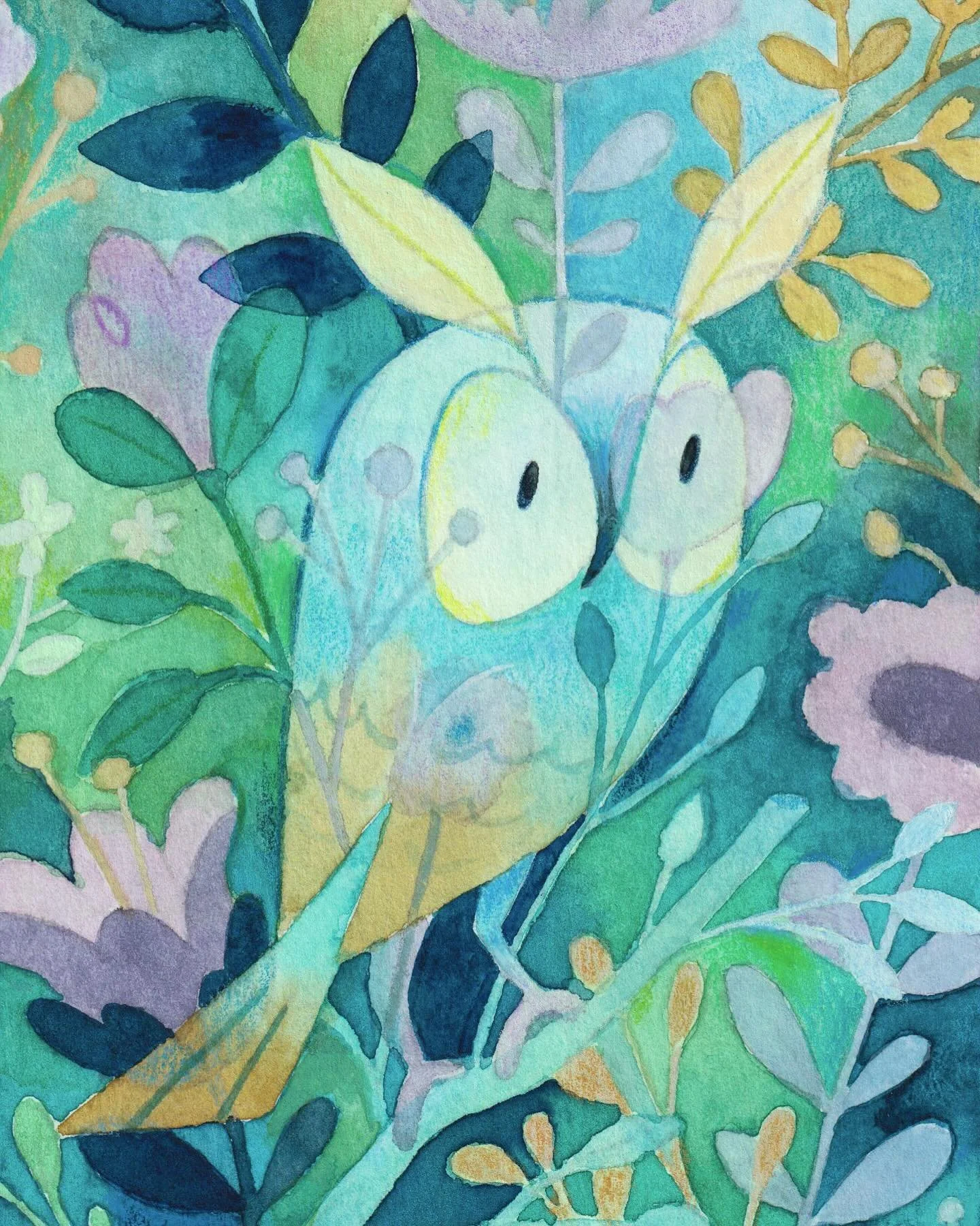 🌿🦉🪻This is a watercolor painting I recently completed! I had fun playing with the overlapping shapes and colors. I also used a new set of Holbein watercolors and I love how vibrant they are.

Last year I graduated school and began working as a plu
