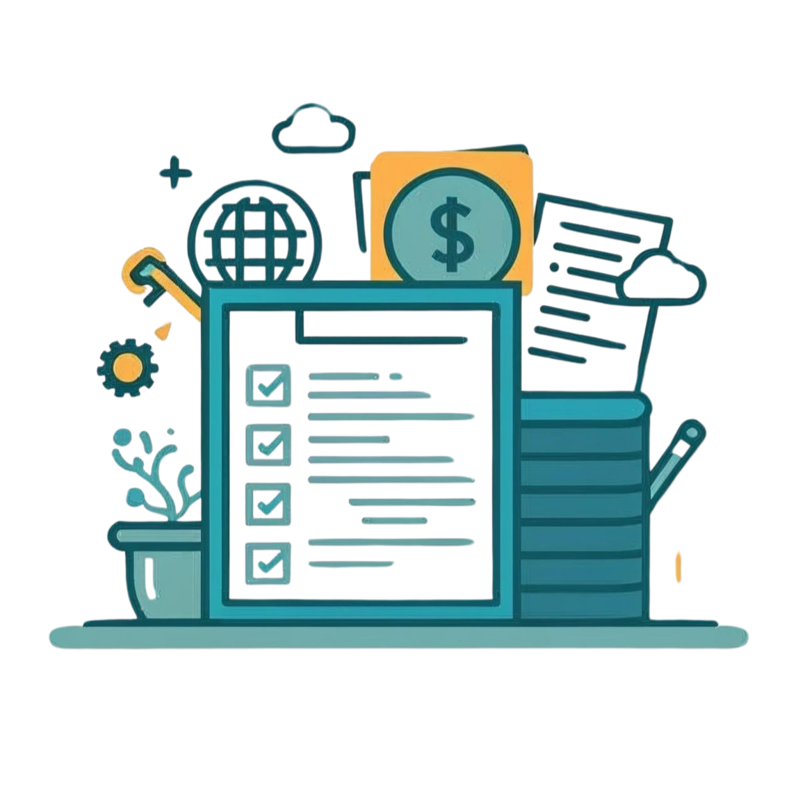 Digital illustration of financial planning and money management with a checklist, cash, and banking icons.