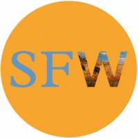 Orange circular logo with blue letters 'SFW' and a small image of a cityscape within the letter 'W'.