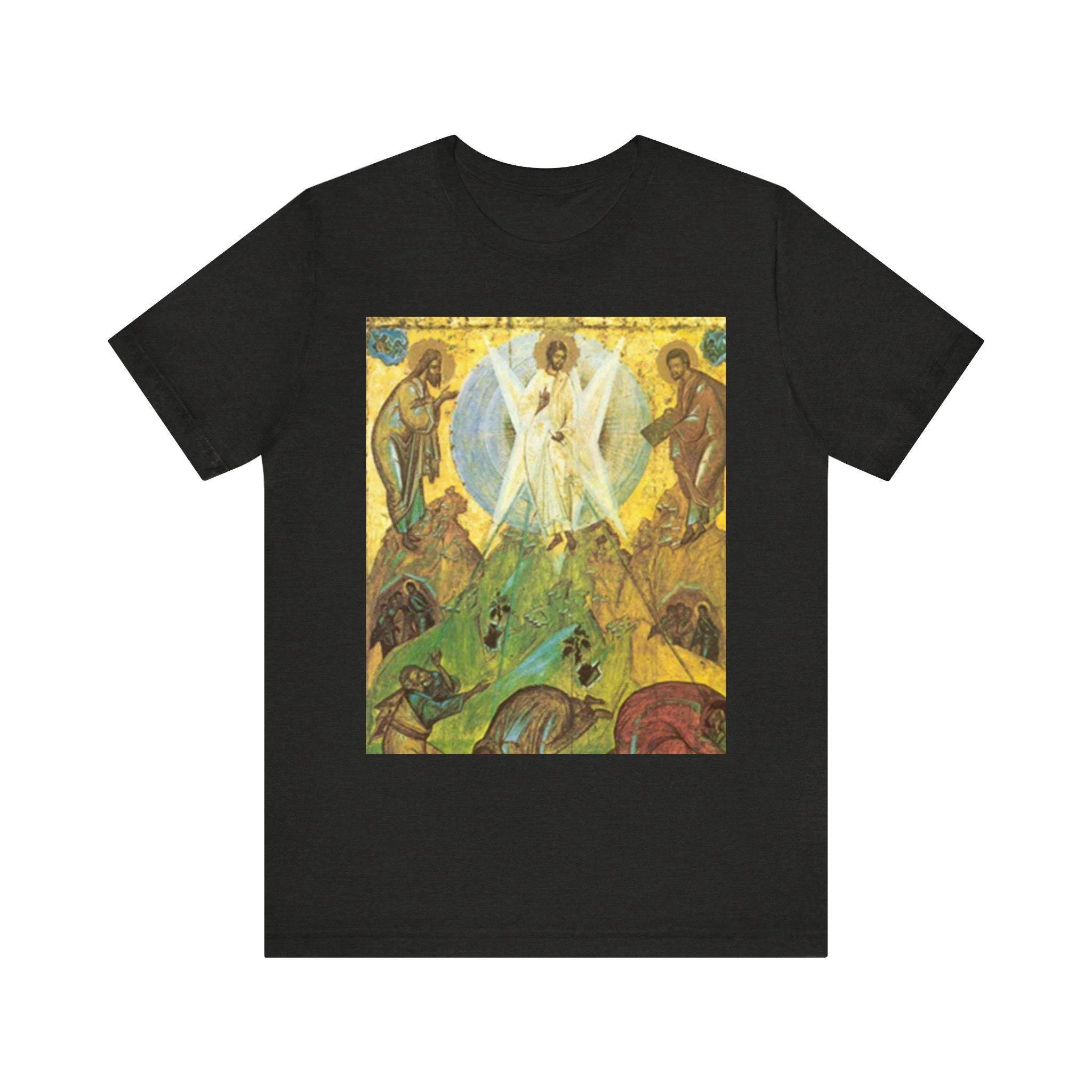 Vintage Transfiguration of Christ Icon Shirt. Eastern Orthodox and Catholic tee featuring Jesus, Moses, and Elijah on Mount Tabor in radiant light. Ideal for August 6th or spiritual wear.