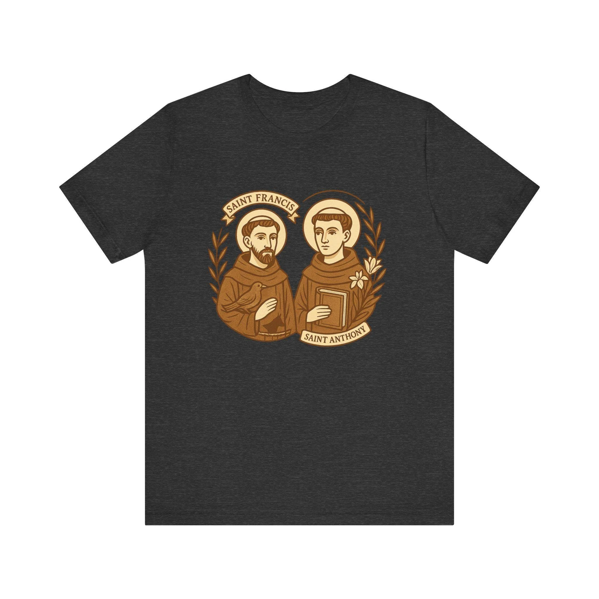St. Francis & St. Anthony T-Shirt. Catholic graphic tee featuring line-art icons of Saint Francis of Assisi (patron of animals, nature) and Saint Anthony of Padua (patron of lost items)