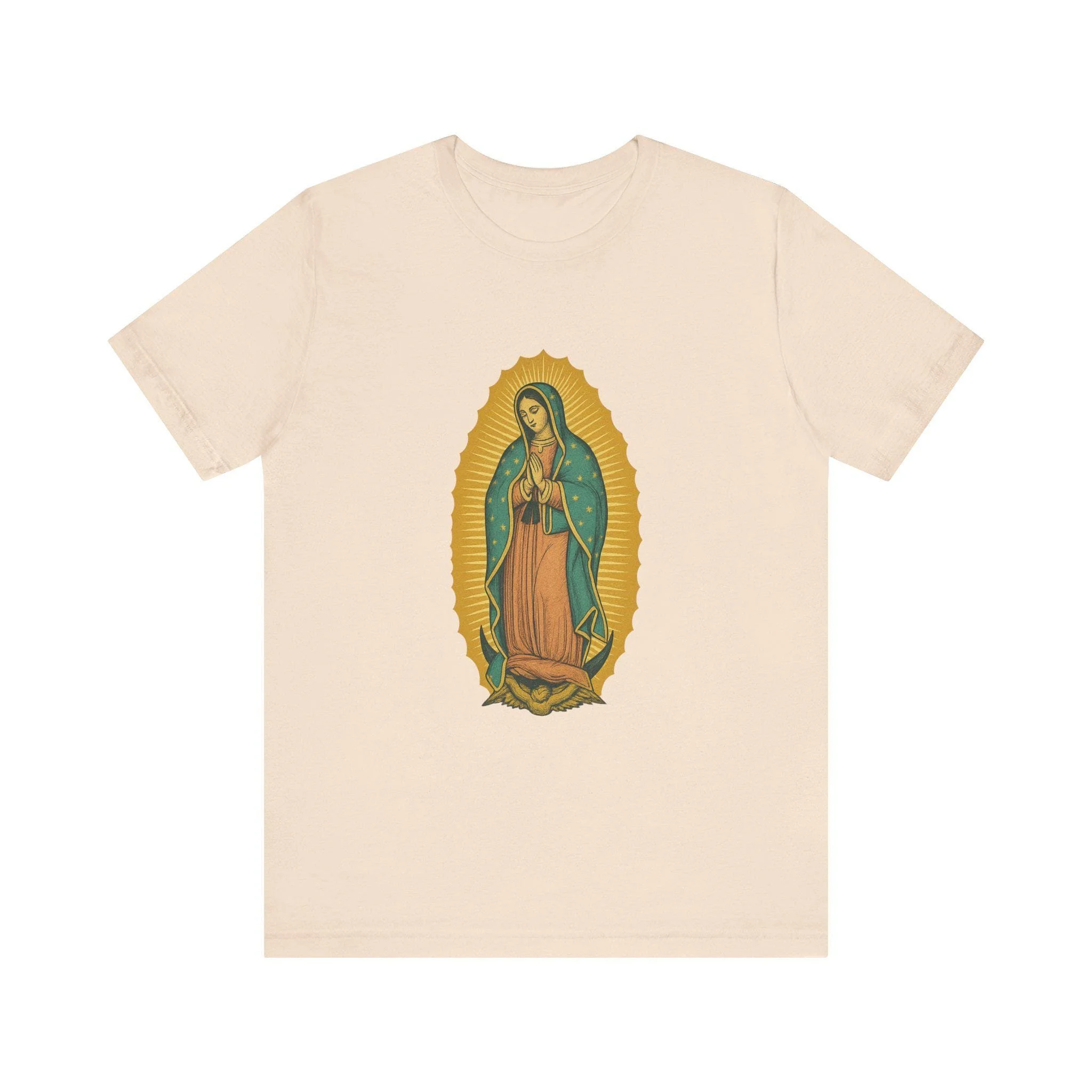 Our Lady of Guadalupe T-Shirt. Modern icon of La Morenita (Virgin Mary) with starry teal mantle and sunburst design, ideal Marian devotion gift for Catholic and Christian apparel.