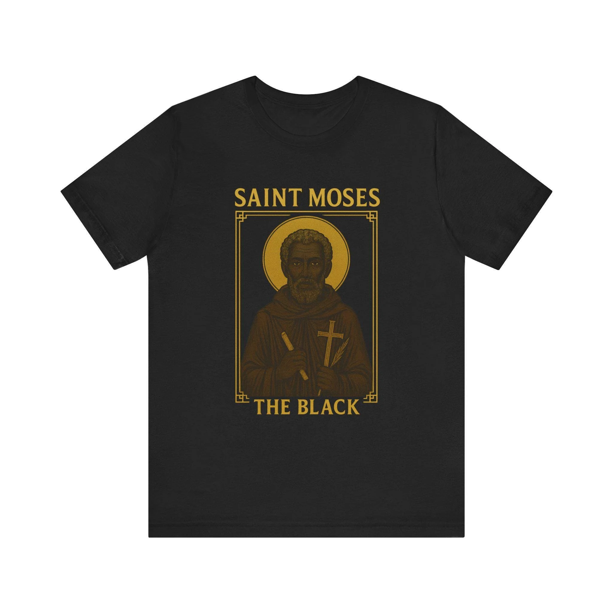 Saint Moses the Black T-Shirt. Modern Christian icon tee featuring Saint Moses the Black, a Desert Father and symbol of redemption and hope for Catholic and Orthodox faith apparel.
