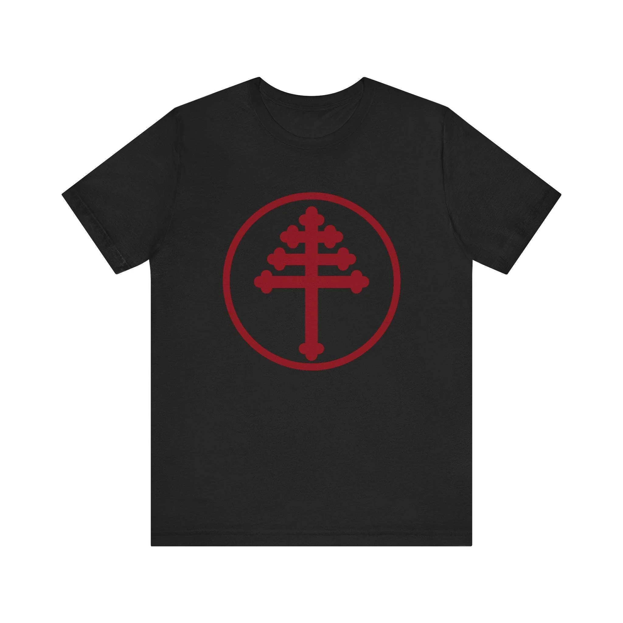 Maronite Cross Shirt. Lebanese Christian T-shirt featuring the double-barred Maronite Patriarchal Cross from the Antioch Tradition, ideal for Eastern Catholic faith apparel.