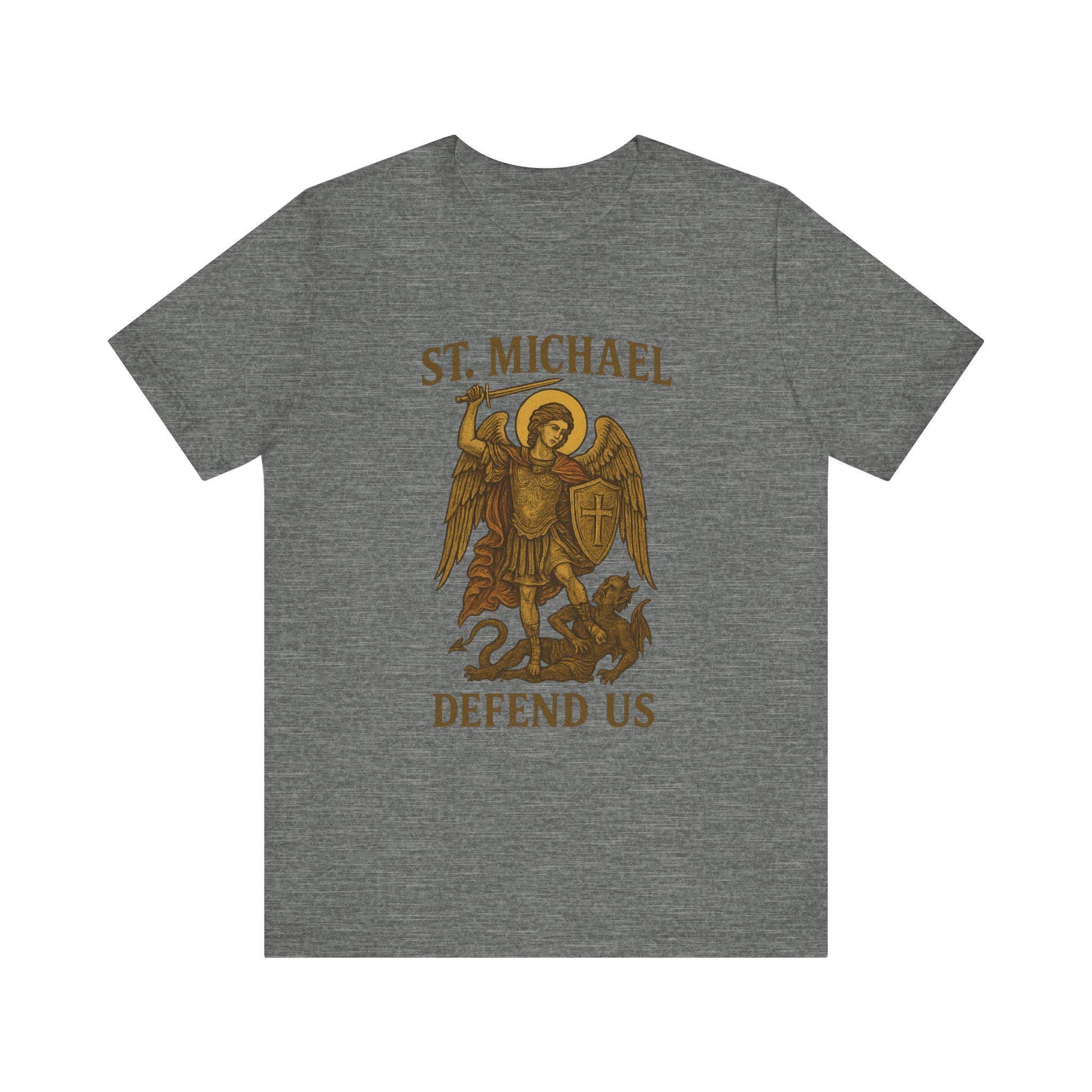 St. Michael Archangel T-Shirt. Christian icon tee depicting Archangel Michael with a sword and shield, symbolizing divine spiritual protection and strength for Catholics, Orthodox