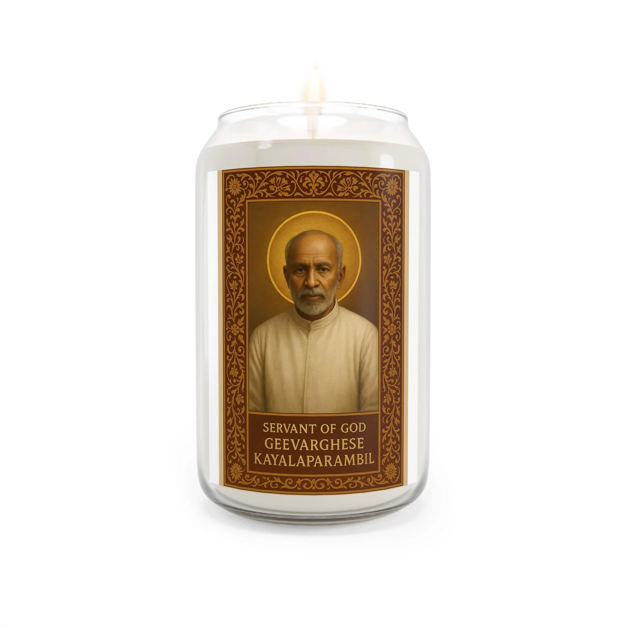 Servant of God Geevarghese Candle. Devotional candle honoring the priest from Kerala, India, for Catholic prayer and intercession