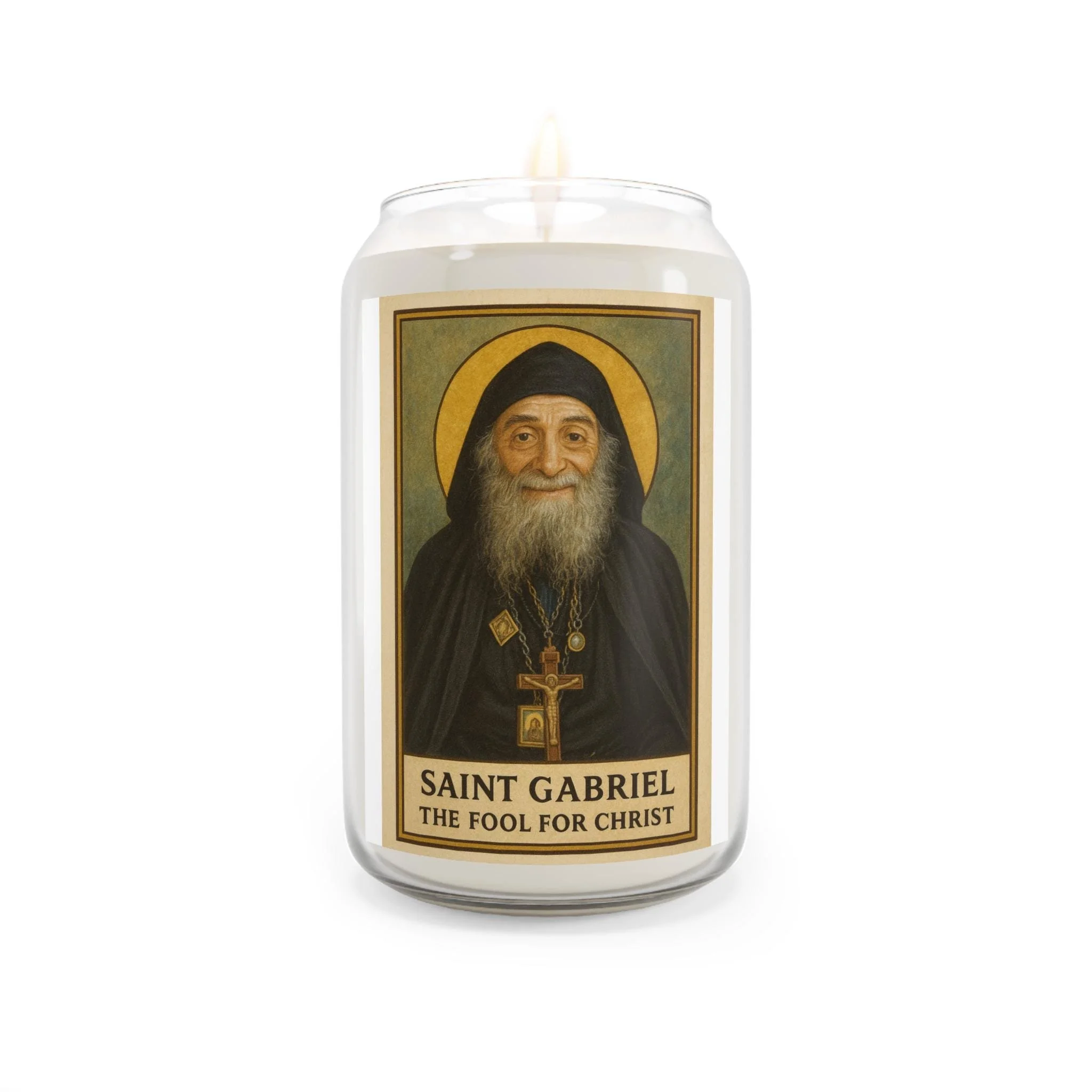 Saint Gabriel the Fool for Christ Prayer Candle. Devotional soy candle featuring an image of Saint Gabriel in a vanilla bean scent, ideal for home altars or spiritual gifts.