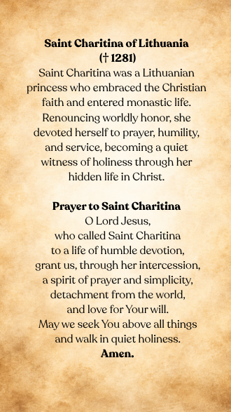 Saint Charitina of Lithuania prayer card back.png