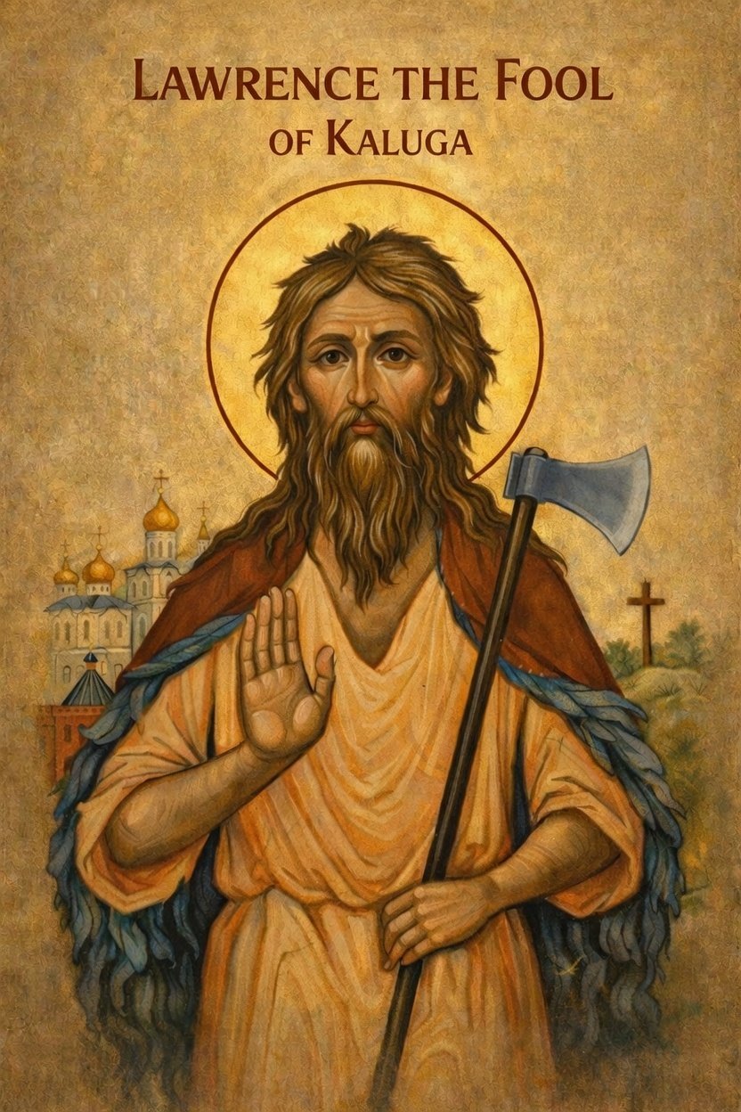 Saint Lawrence the Fool of Kaluga Prayer Card – Patron for Courage Under Mockery, Protection from Oppression & Hidden Faith in Hostile Times