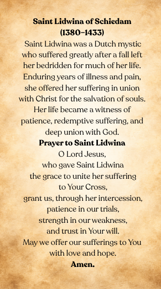 Saint Lidwina prayer card back