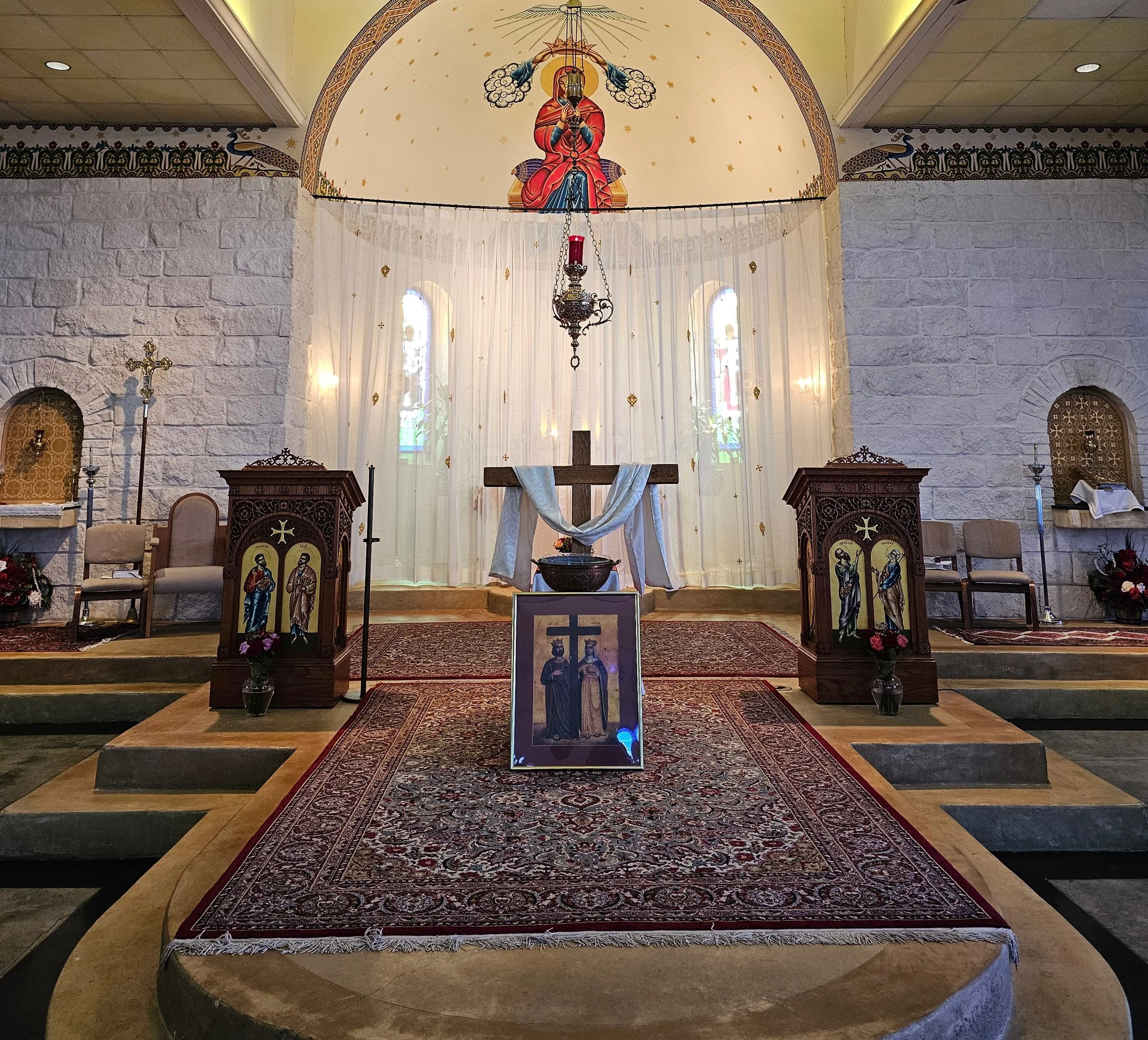 Sanctuary veil closed at Our Lady's Maronite Church Austin Texas — altar hidden