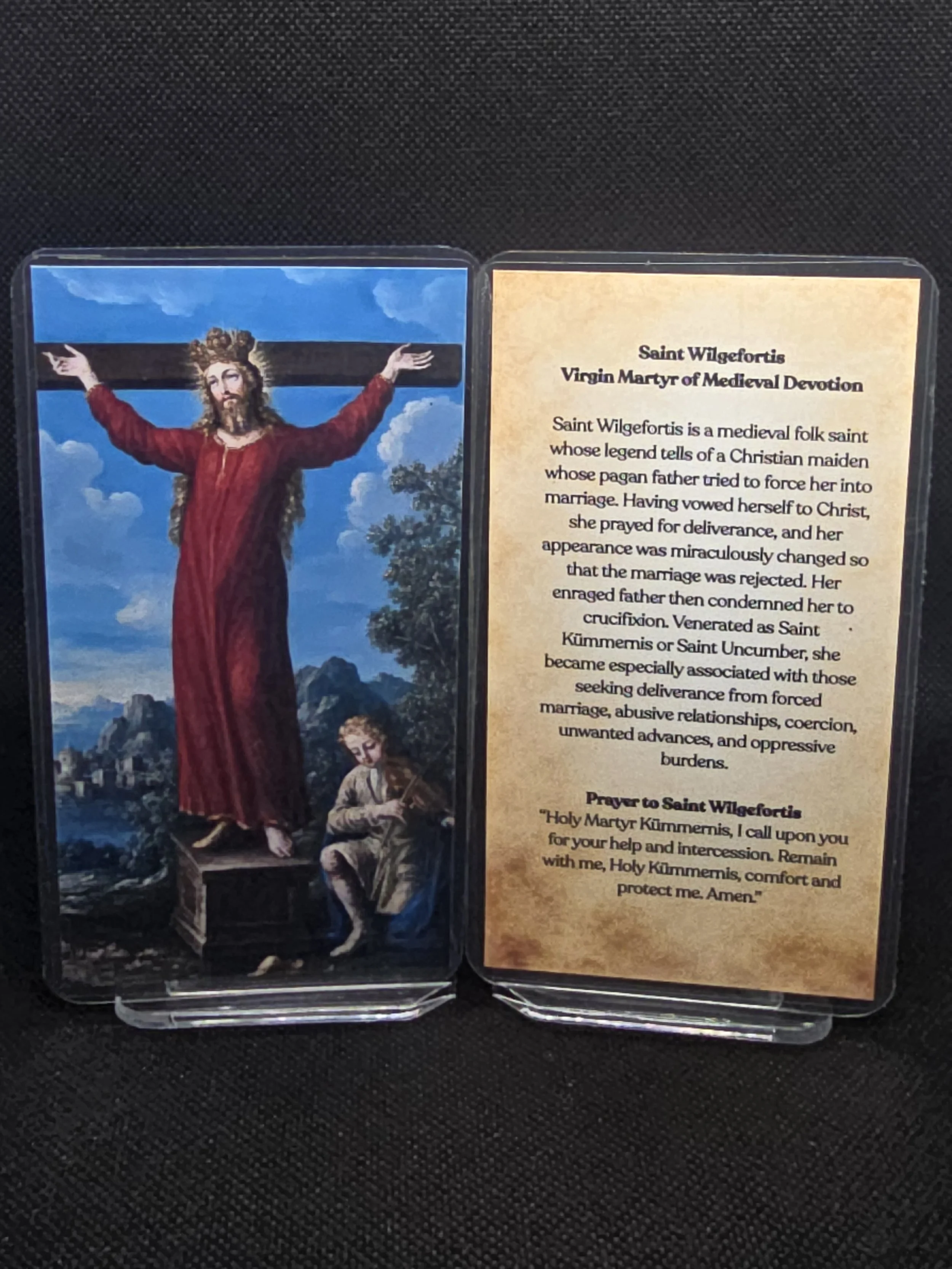 Saint Wilgefortis Prayer Card – Patron for Abusive Relationships, Ugly Women, Forced Marriage & Deliverance from Oppression