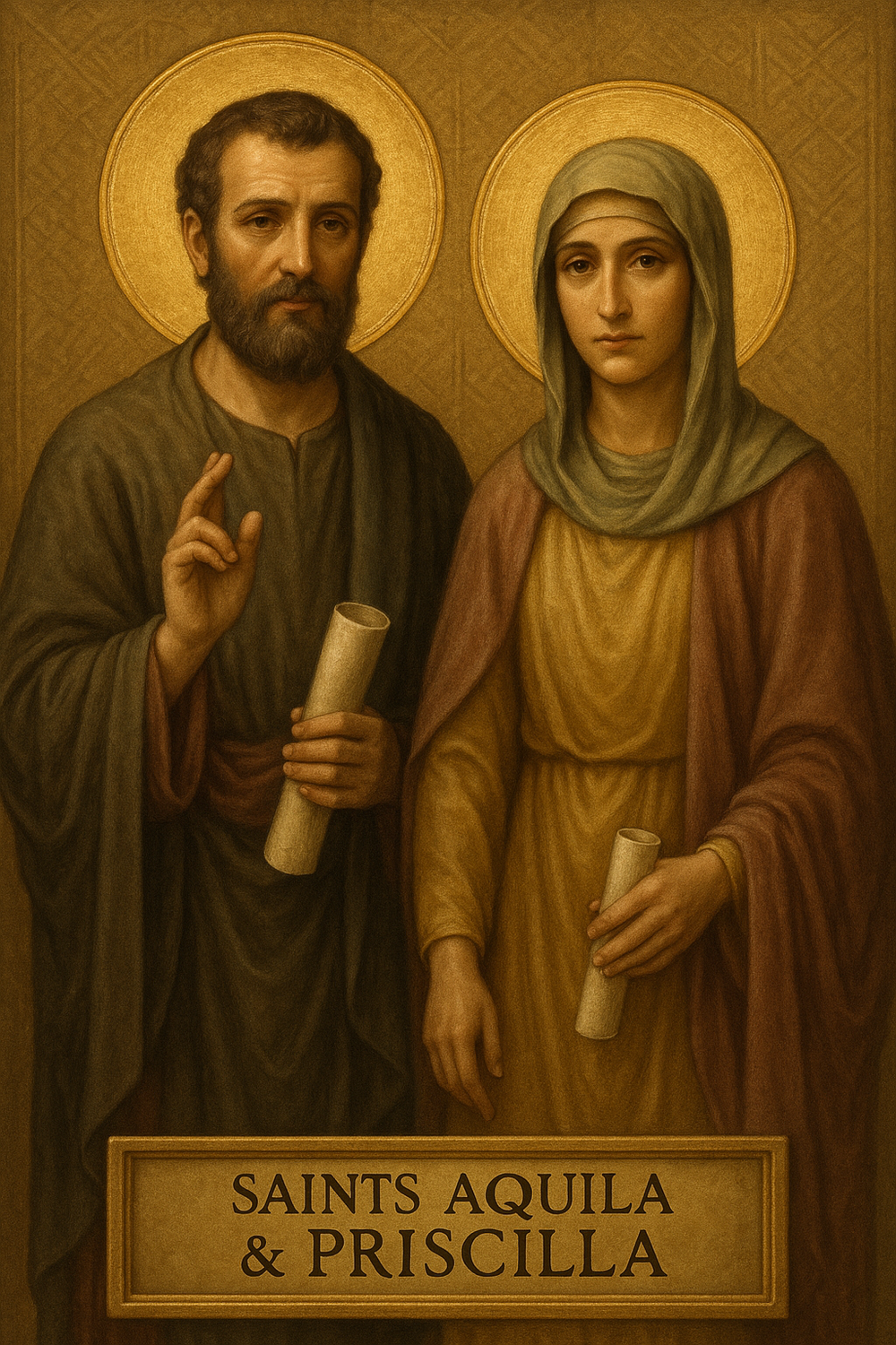 Saints Aquila and Priscilla Prayer Card — New Testament couple domestic church patrons