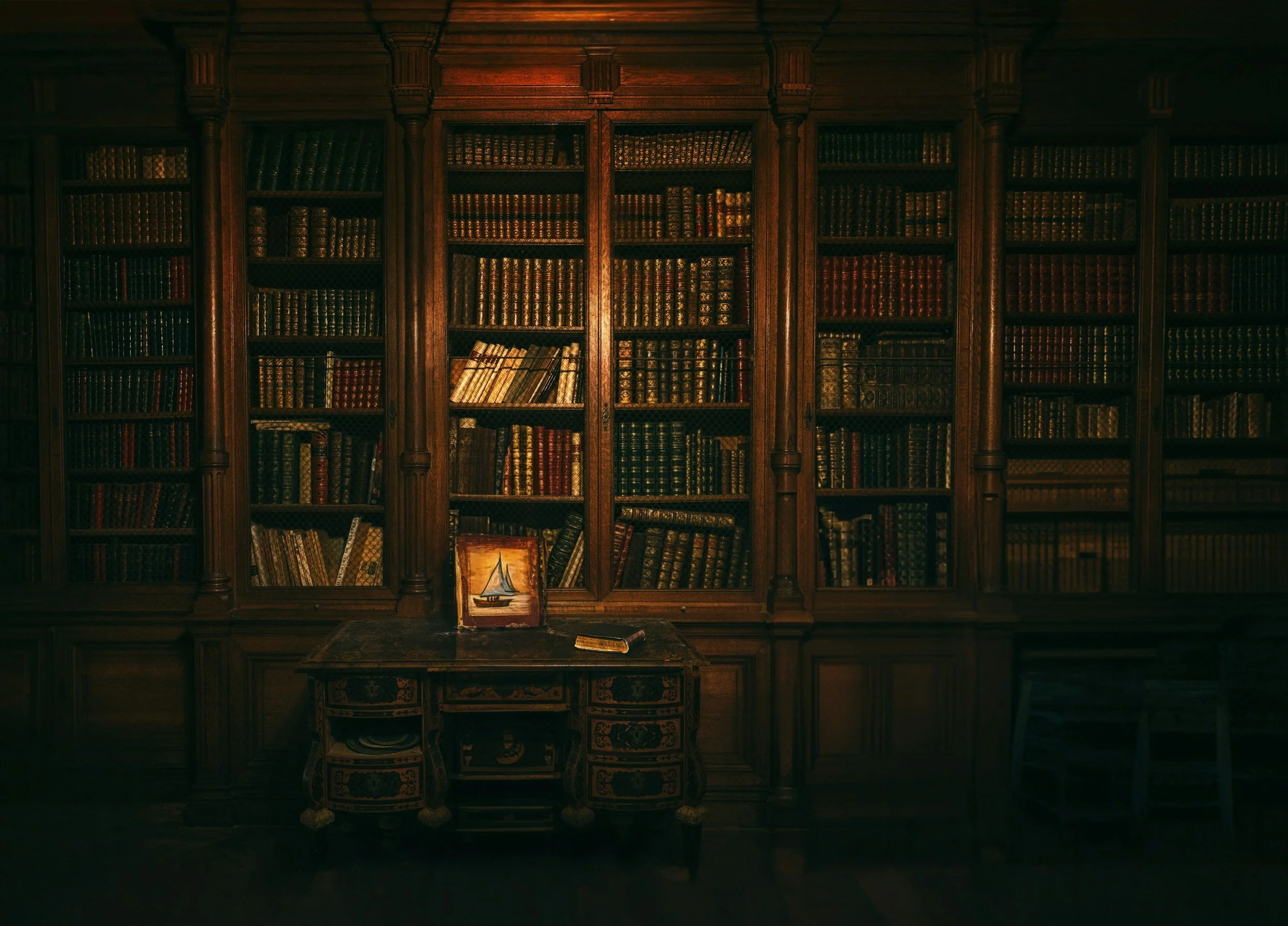 A wood-paneled library with tall bookshelves filled with old books, a desk with a small sailboat painting, a closed book, and a chair to the right.