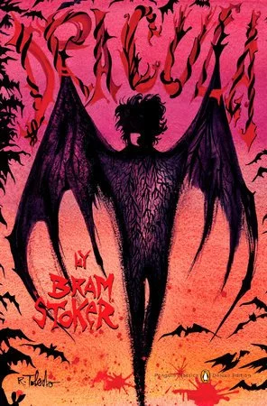 A dark, winged vampire with wild hair and a shadowed face, set against a fiery orange and pink sky, surrounded by bats, with the title 'Dracula' by Bram Stoker in red.