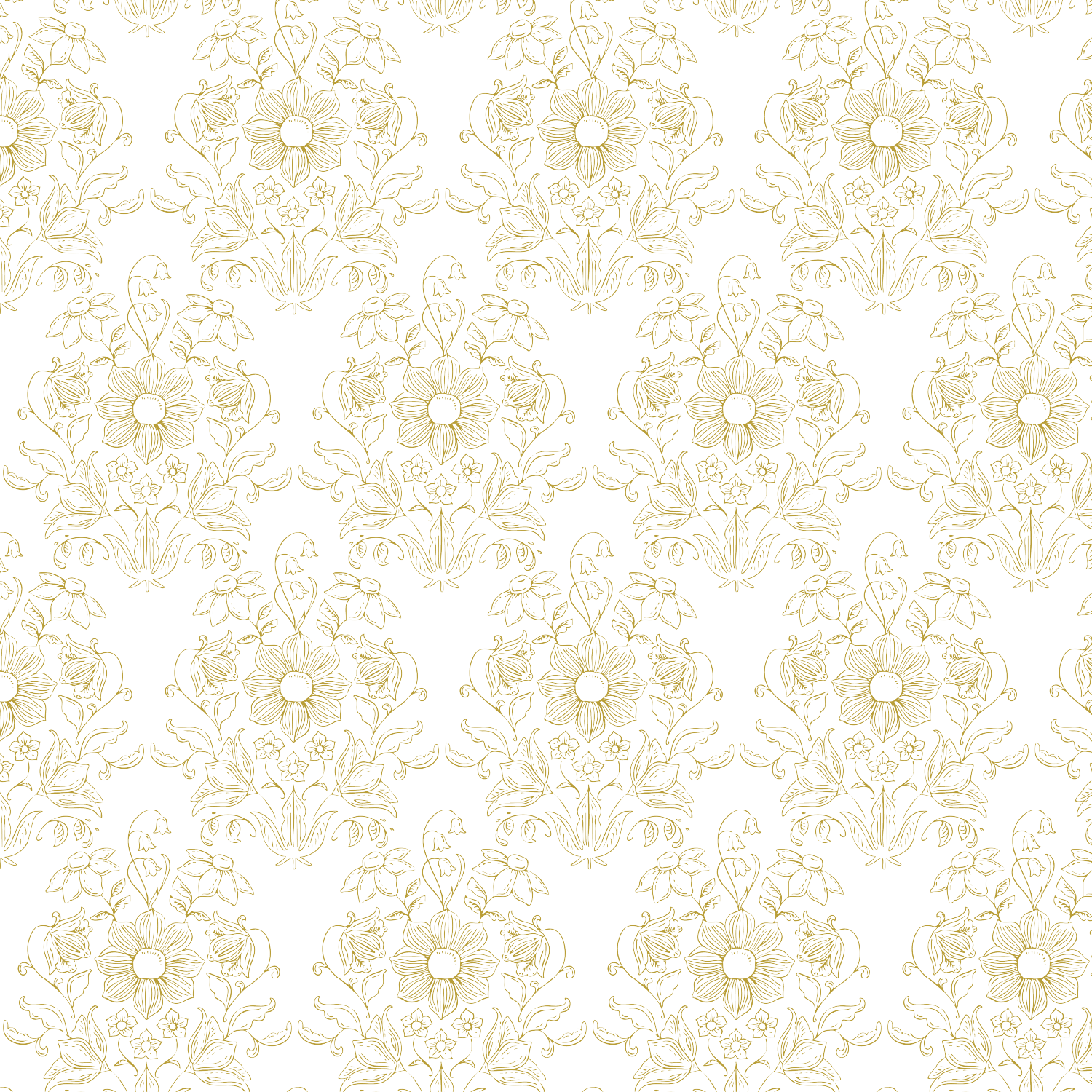 A decorative floral pattern with gold outlines of flowers and leaves on a black background.
