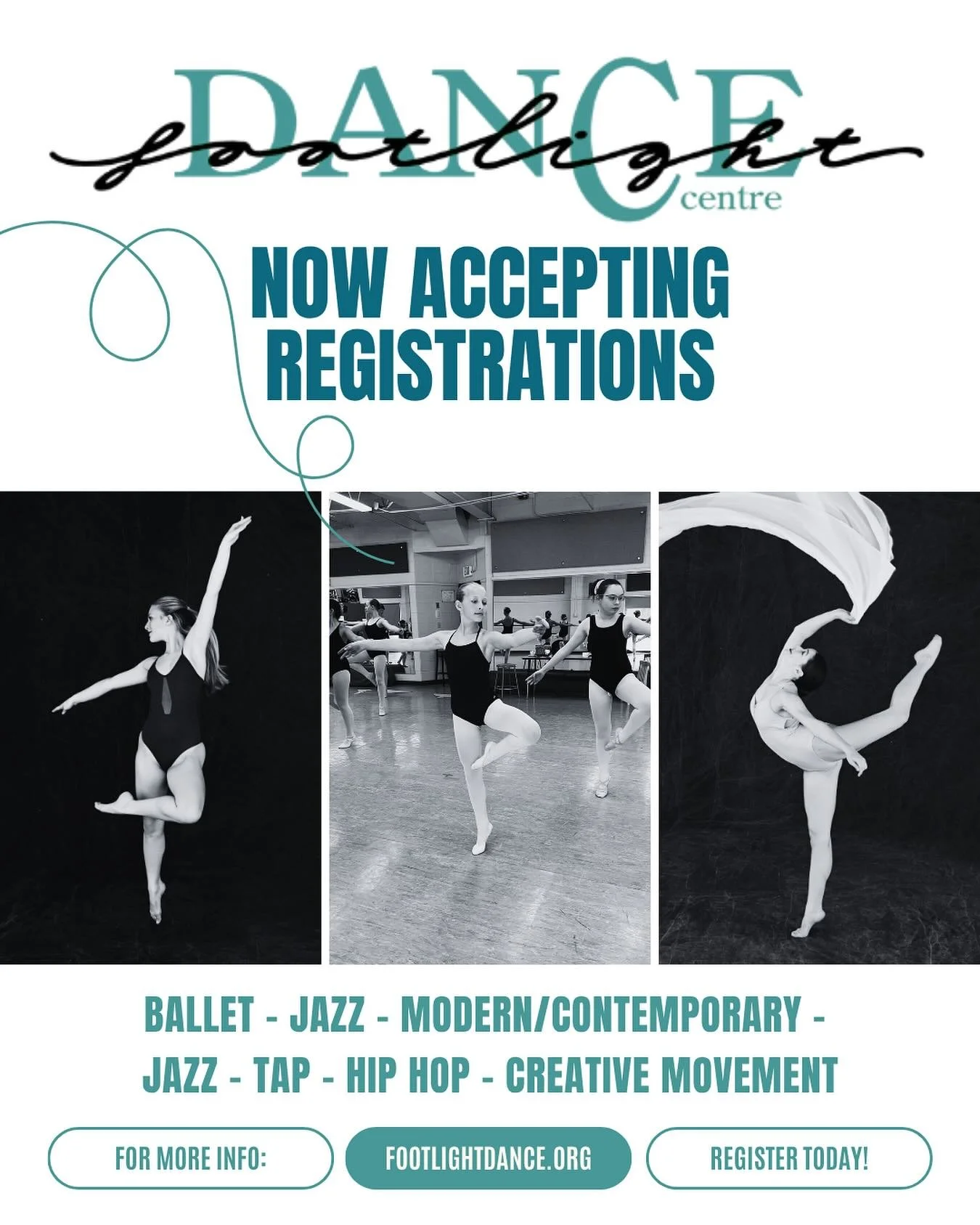 Registration for Footlight Dance Centre&rsquo;s Fall session is now open! Secure your spot quickly, classes are filling up fast! Find the registration link in our bio and on our website.