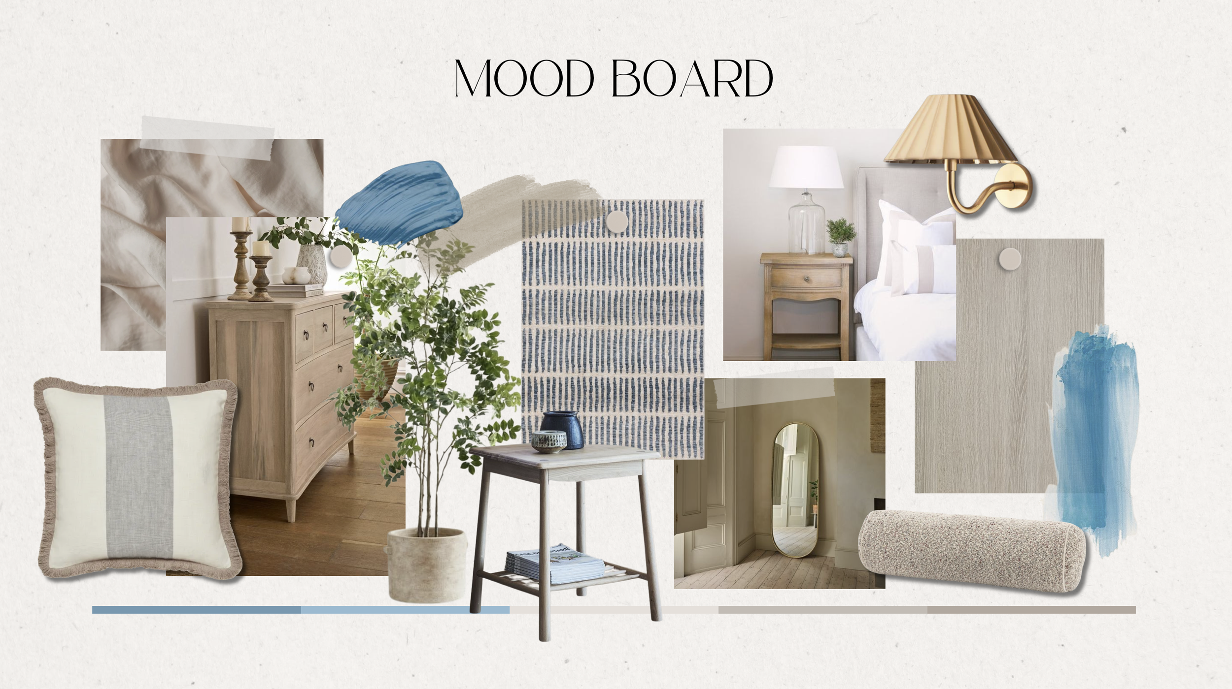 Bedroom mood board featuring soft blue tones, natural wood furniture, textured fabrics, mirrors, rugs and warm lighting inspiration