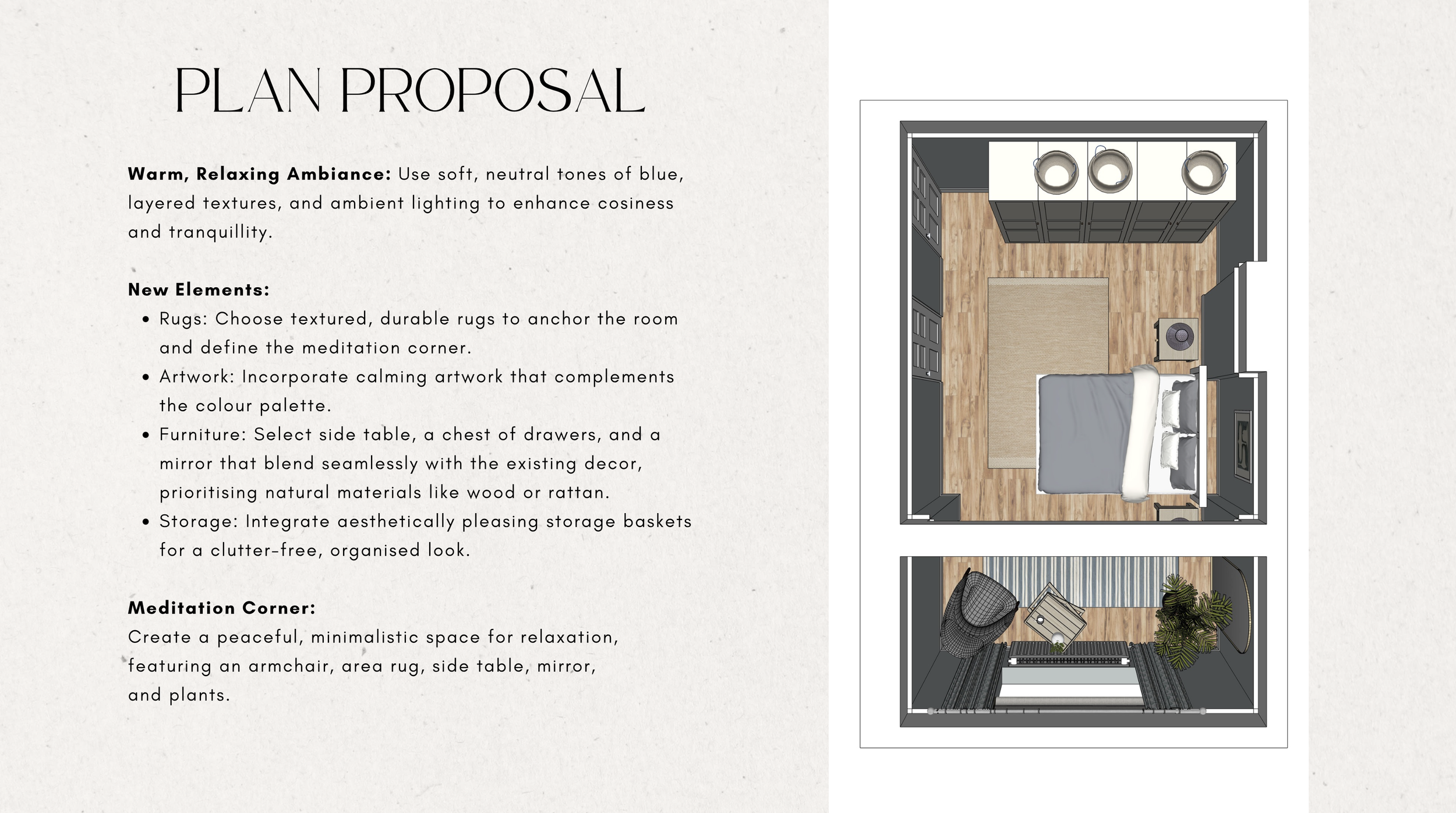 Bedroom design plan proposal showing furniture layout, zoning and a meditation corner within a calm, neutral interior scheme
