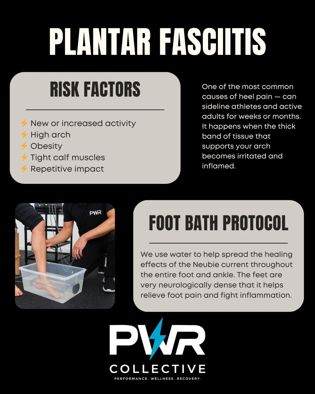 Plantar Fasciitis is one of the most common causes of heel pain &mdash; but it doesn&rsquo;t have to keep you sidelined.

At The PWR Collective, we use the NeuFit Foot Bath Protocol to go beyond traditional recovery methods. By combining direct curre