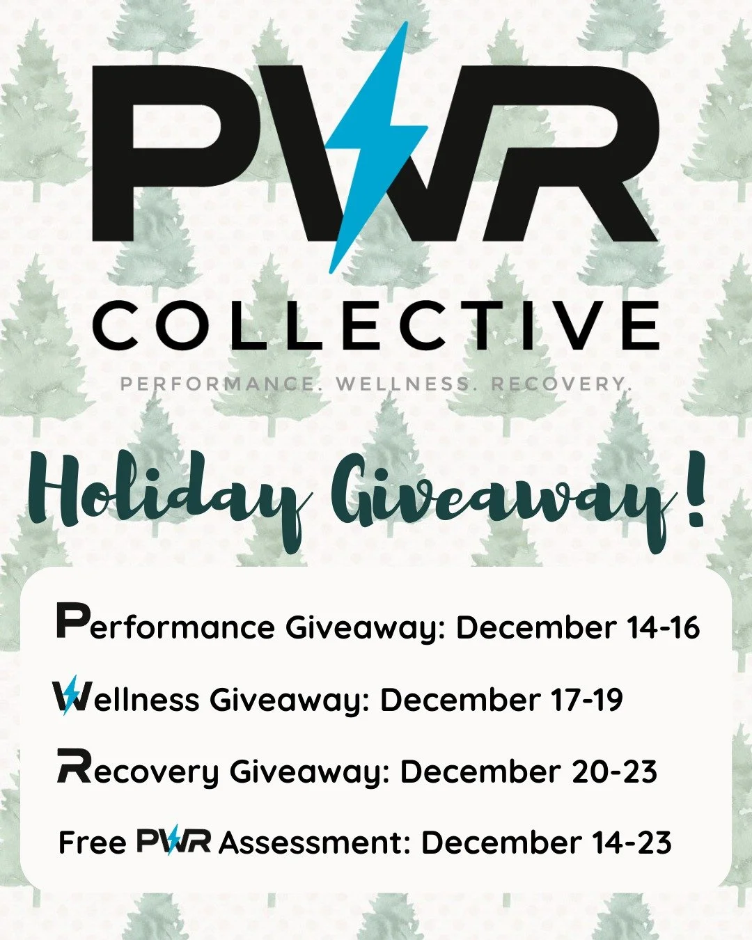 🎄 HOLIDAY GIVEAWAYS ARE HERE! 🎄

To celebrate the holidays, The PWR Collective is giving back to our community with multiple giveaways over the next week.

Each giveaway is designed to help you move better, feel stronger, and recover faster.

🎁 Pe