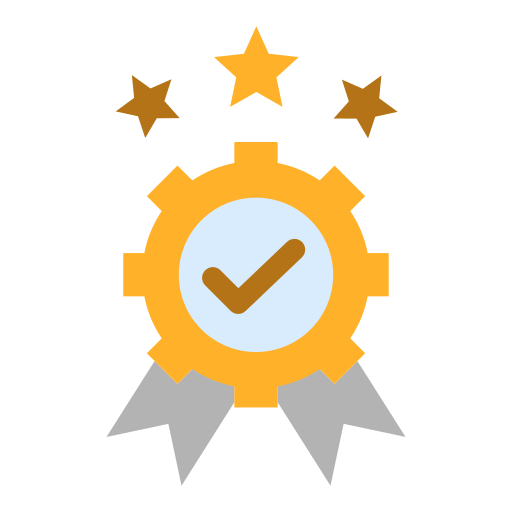 Illustration of a gold gear with a checkmark inside, three stars above, and two ribbons below, symbolizing quality or achievement.