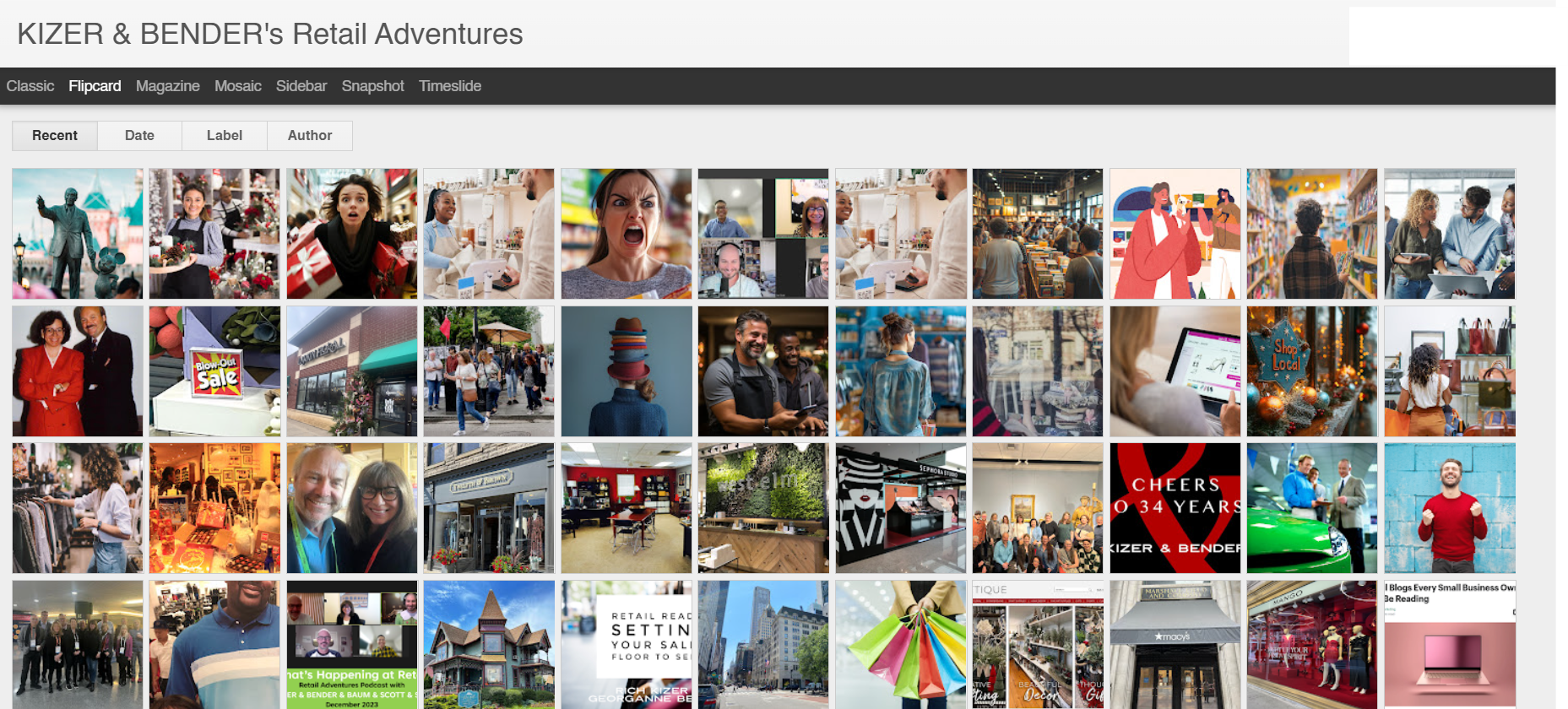 'Kizer & Bender's Retail Adventures' Blog showing scenes of shopping, retail stores, people shopping, storefronts, and promotional displays.