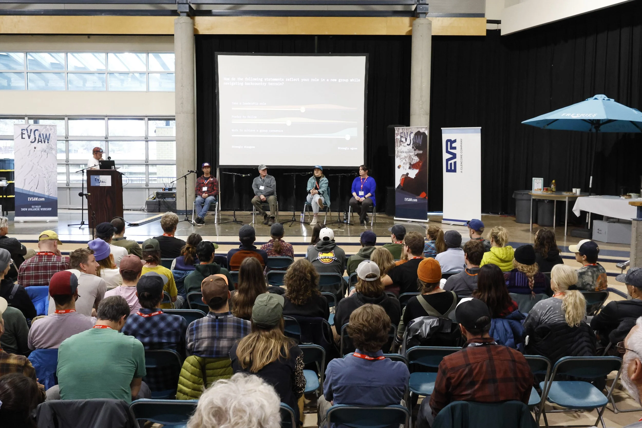 Indoor conference with five panelists on stage, a speaker at a podium, and an audience seated facing them. There are posters and banners to the sides, large windows on the left, and a large screen displaying a question.