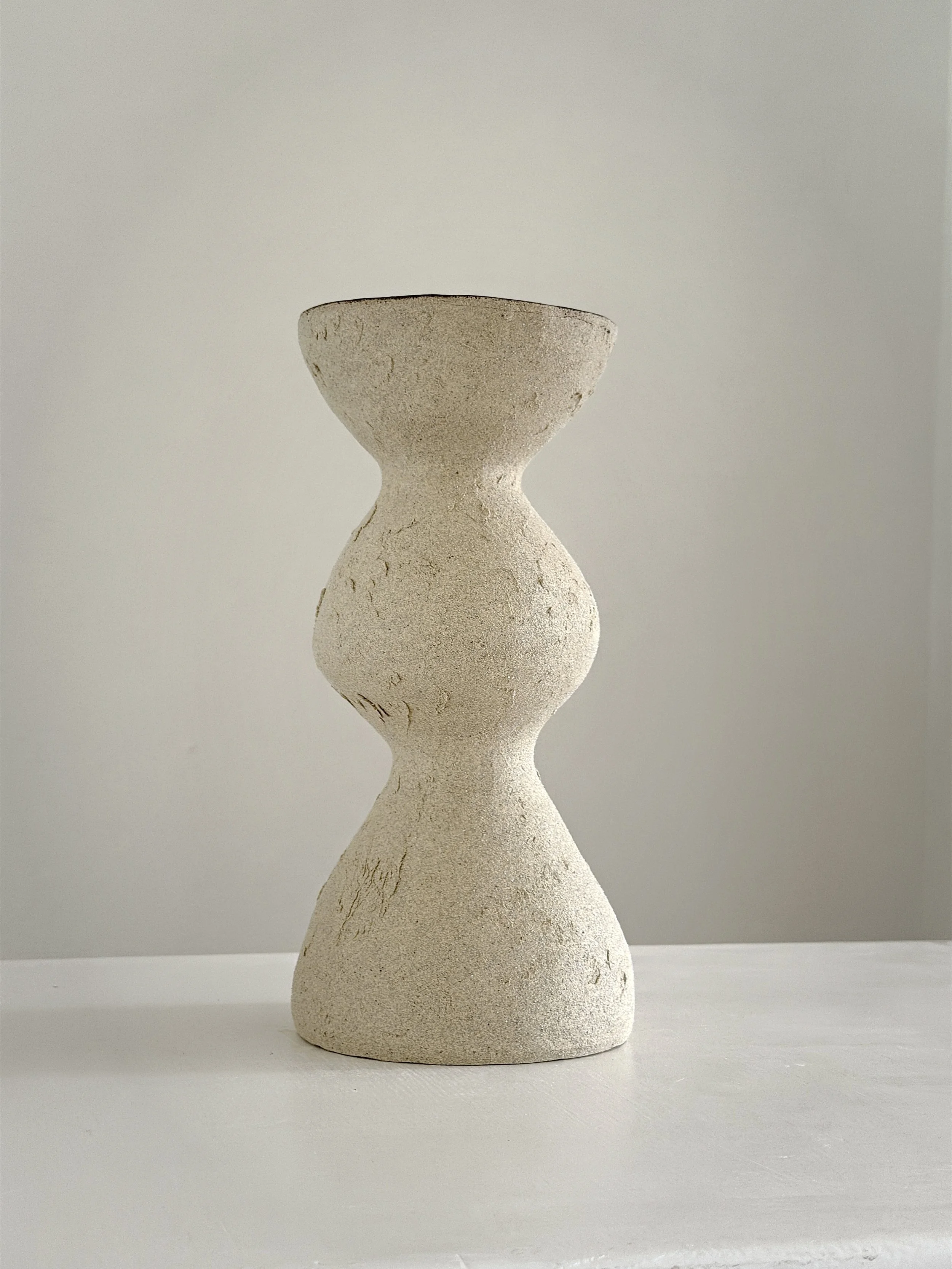 Beige Totem Vase — hand-built ceramic vase with a brutalist, totem-like silhouette in raw beige stoneware, by Anastasia Babenko