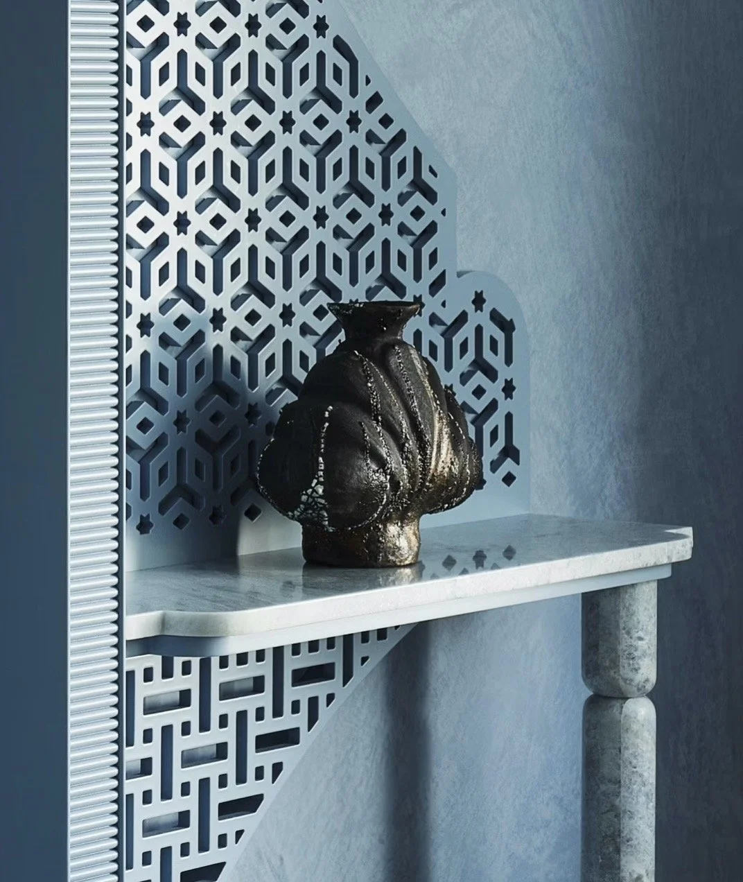 Shell in Black, with heavy scalloped ridges and a dark, stony matte finish — sculptural ceramic vase sculptural decor for design-led spaces