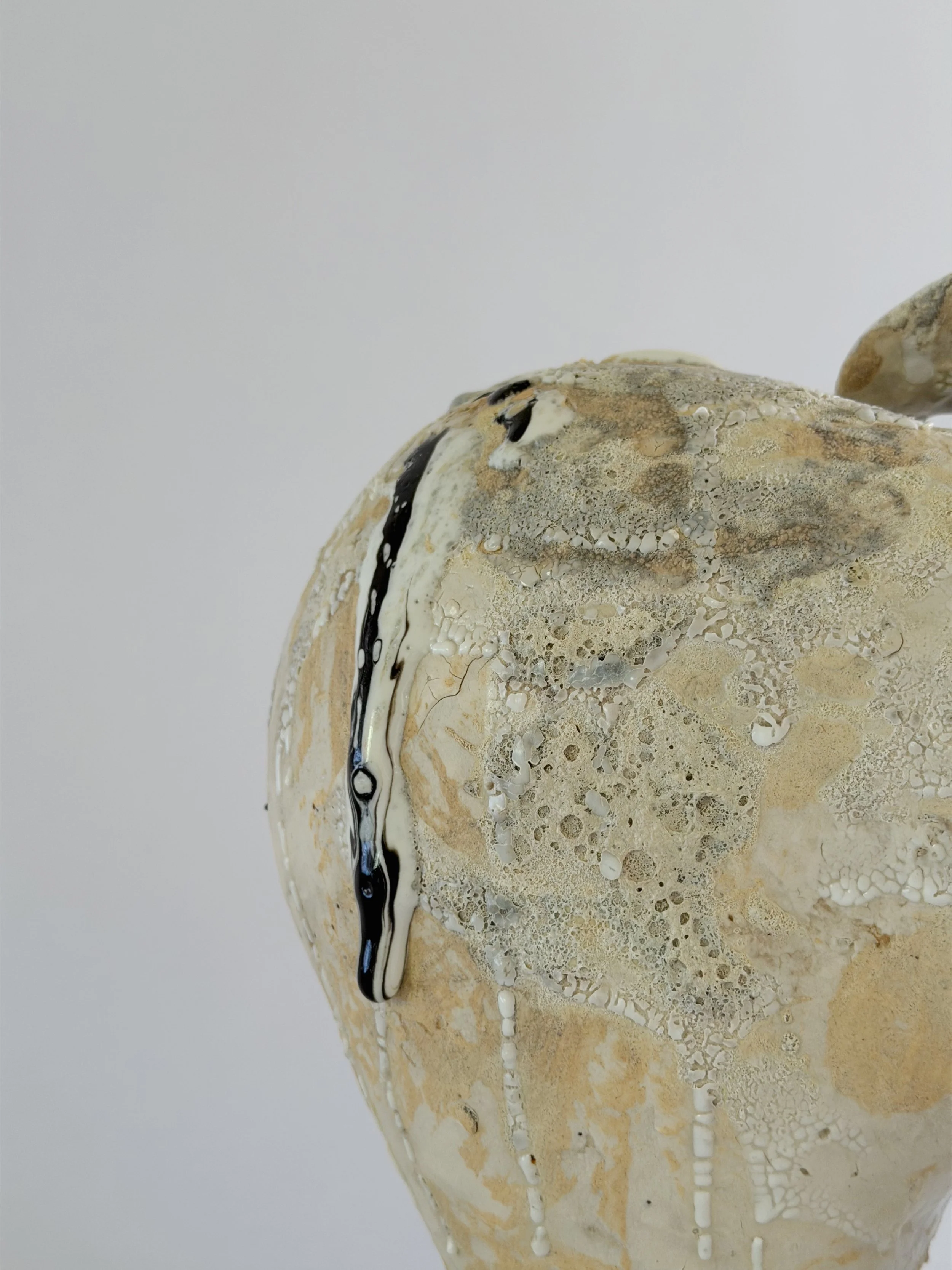 Form No. 1 by Anastasia Babenko — with two full volumes resting under a crawling, sand-colored mineral crust, original ceramic art for